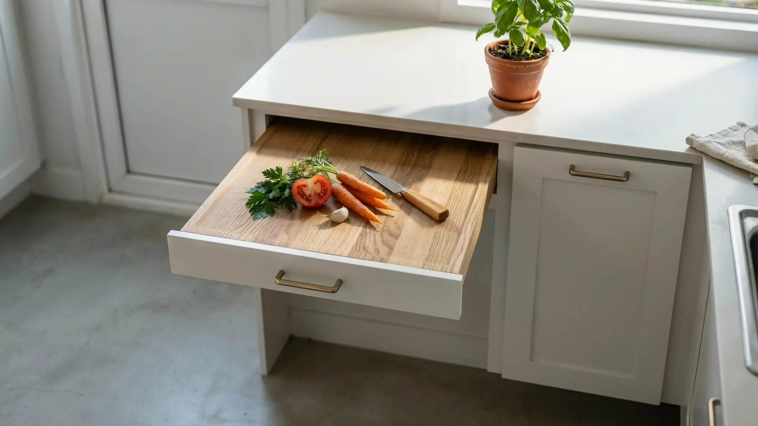 A white shaker-style kitchen cabinet featuring a pull-out wooden cutting board drawer with fresh carrots, tomato, parsley, and garlic, offering a space-saving prep area near a sunny window.