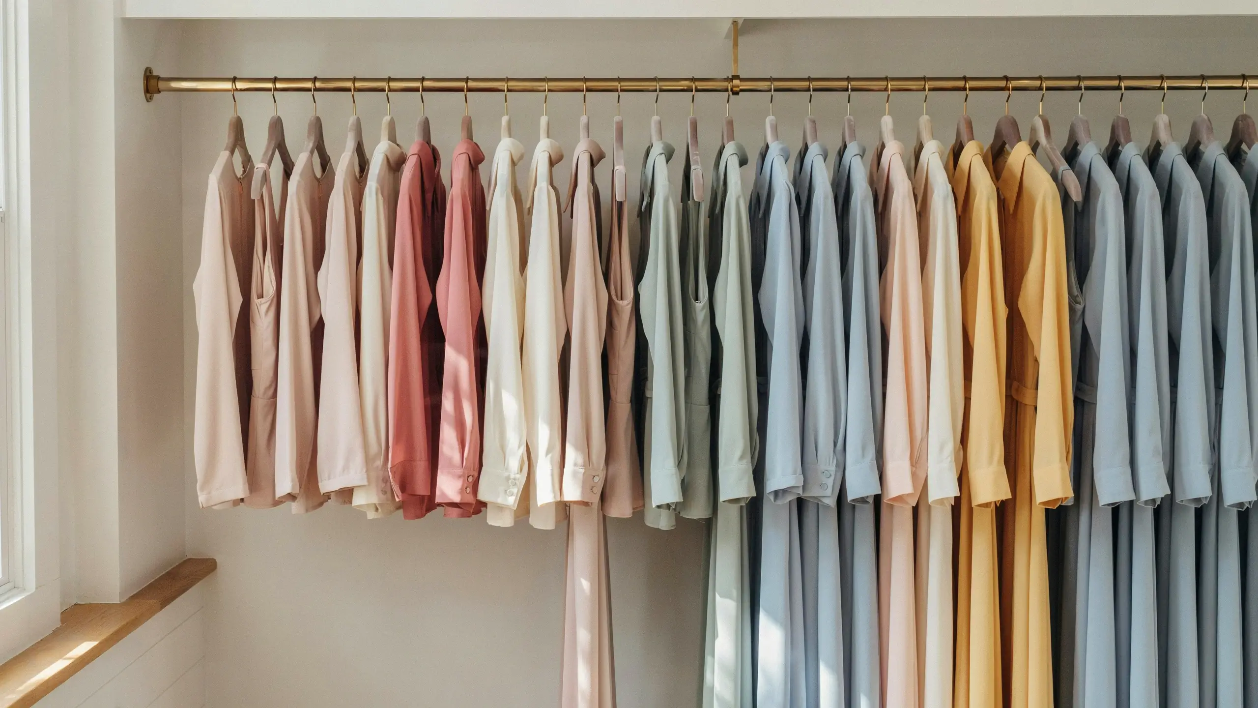 Slim matching wooden hangers organizing a color-coordinated capsule wardrobe on a gold closet rod to maximize storage space.