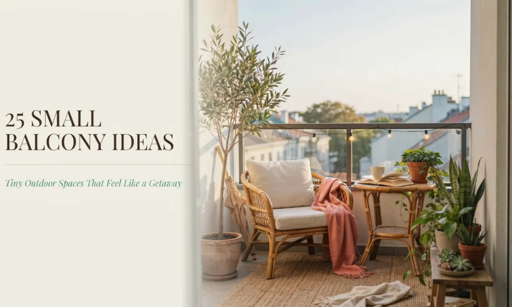 A cozy small balcony decorated with a rattan armchair, white cushions, and a pink throw blanket. An olive tree and snake plant bring greenery to the space, next to a small table holding a mug and an open book. The scene is lit by string lights with text reading "25 Small Balcony Ideas