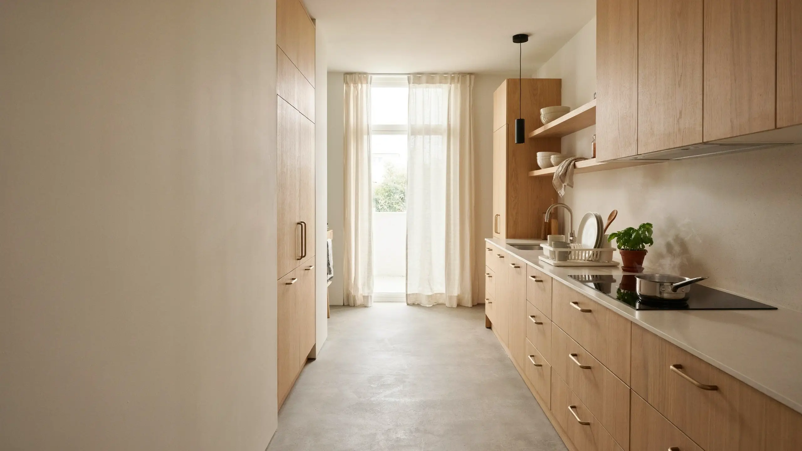 Bright small galley kitchen with light oak cabinets, white countertops, concrete floors, and a floor-to-ceiling window, showcasing an efficient one-wall layout for narrow small spaces.