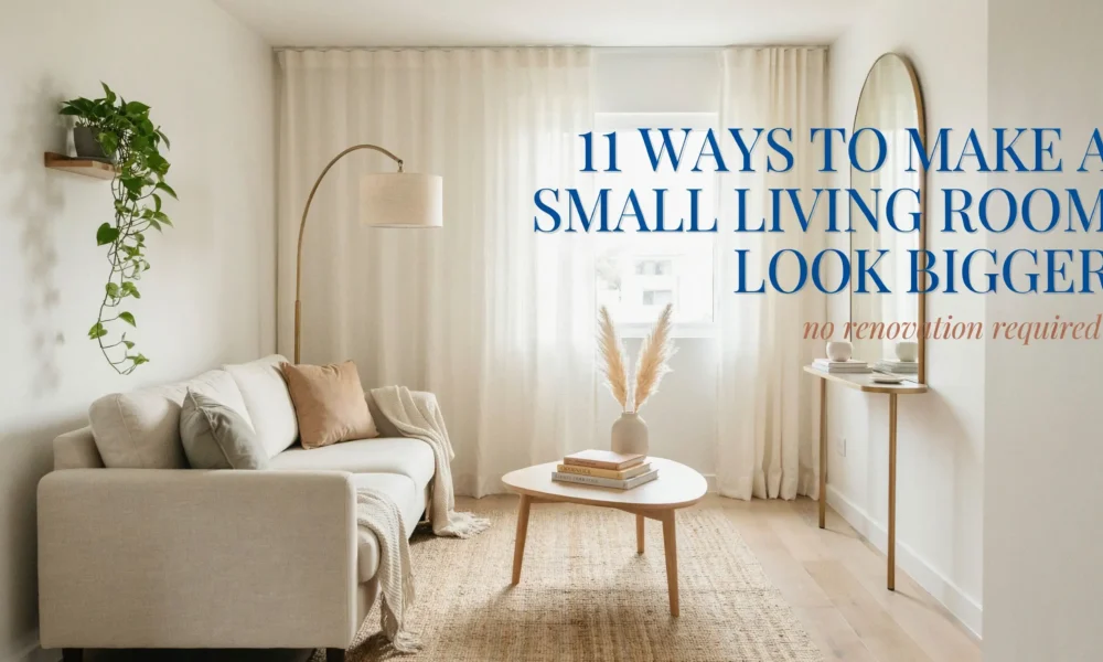 A bright, minimalist small living room featuring a neutral beige sofa, round wooden coffee table, pampas grass, and a floor lamp, with a text overlay offering 11 ways to make a small living room look bigger without renovation.