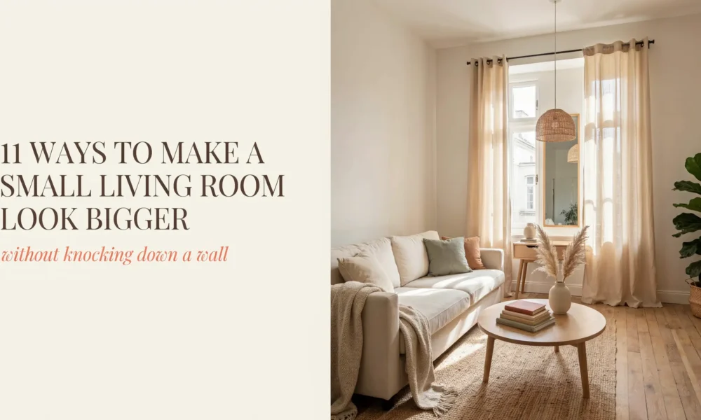 Small neutral living room with white sofa, round wooden coffee table, tall sheer curtains, and a rattan pendant lamp designed to make the space feel larger.