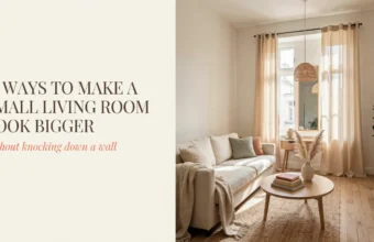 Small neutral living room with white sofa, round wooden coffee table, tall sheer curtains, and a rattan pendant lamp designed to make the space feel larger.