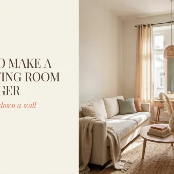 Small neutral living room with white sofa, round wooden coffee table, tall sheer curtains, and a rattan pendant lamp designed to make the space feel larger.