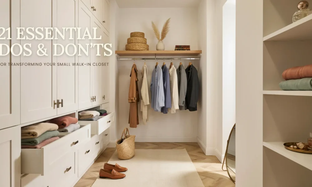 Modern, bright small walk-in closet interior featuring white built-in cabinetry, a hanging rack with neatly arranged shirts and blazers, wooden shelves with woven baskets and a vase, and a text overlay that reads '21 Essential Dos & Don'ts for Transforming Your Small Walk-In Closet'.