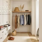 Modern, bright small walk-in closet interior featuring white built-in cabinetry, a hanging rack with neatly arranged shirts and blazers, wooden shelves with woven baskets and a vase, and a text overlay that reads '21 Essential Dos & Don'ts for Transforming Your Small Walk-In Closet'.