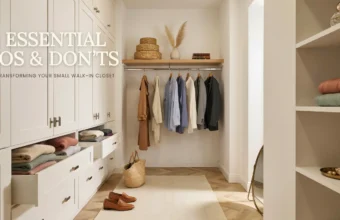 Modern, bright small walk-in closet interior featuring white built-in cabinetry, a hanging rack with neatly arranged shirts and blazers, wooden shelves with woven baskets and a vase, and a text overlay that reads '21 Essential Dos & Don'ts for Transforming Your Small Walk-In Closet'.