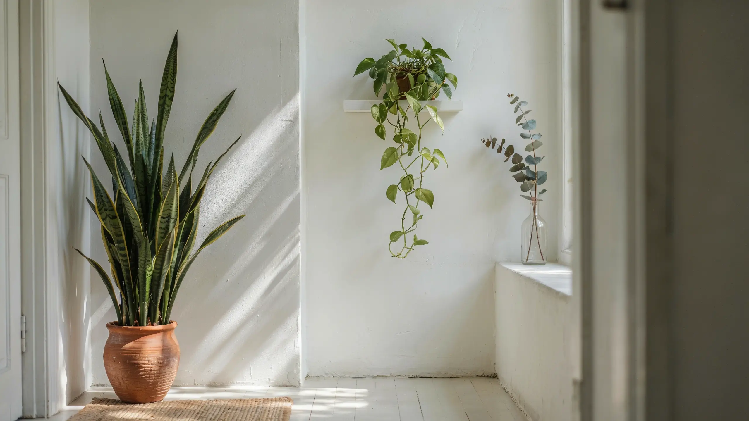 Tall snake plant and trailing pothos with eucalyptus branches in a sunlit white corner.