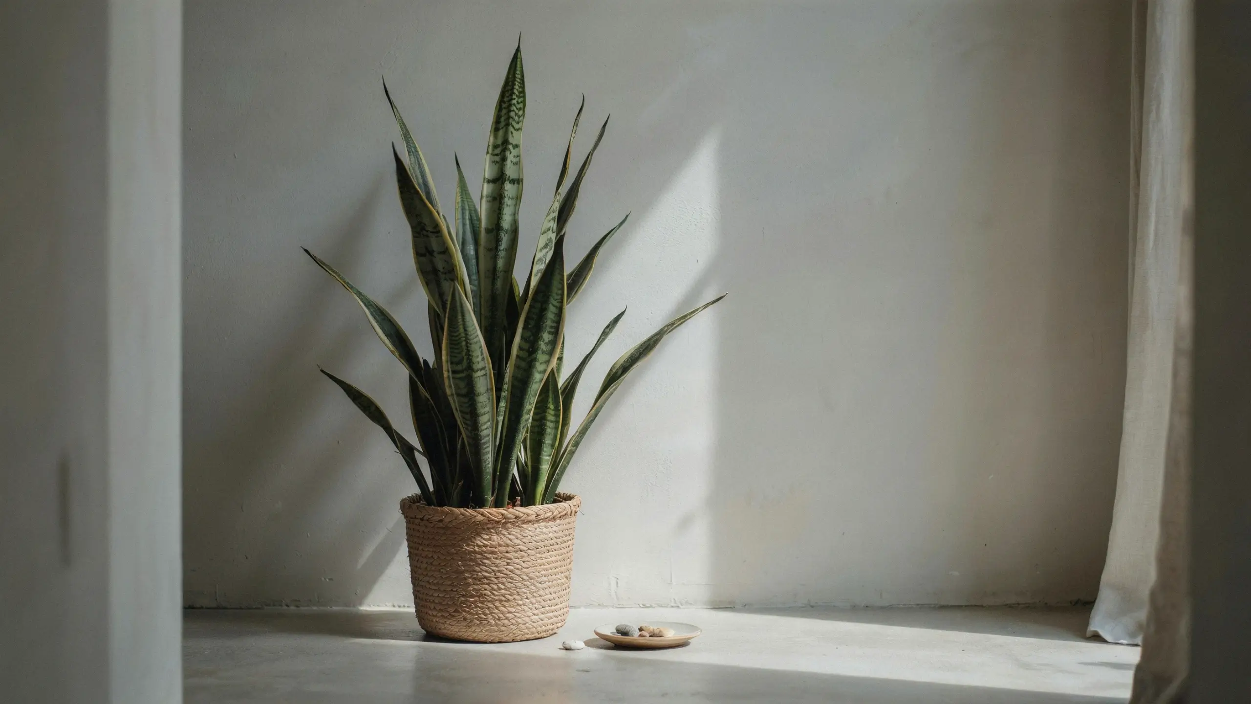 Healthy Sansevieria snake plant with variegated leaves in a woven rattan basket, sitting on a white floor with natural sunlight casting a geometric shadow.