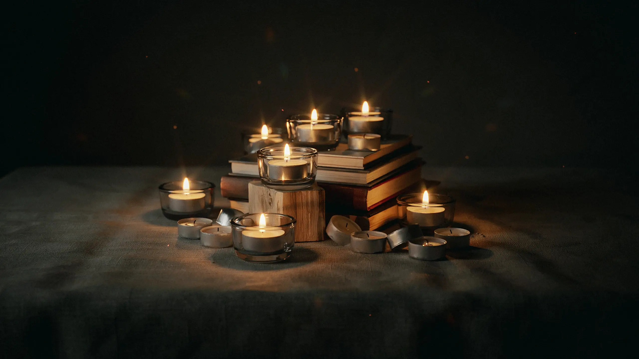 Warm glass tealight holders with glowing candles placed on a stack of vintage books and wooden blocks for cozy ambient home lighting.