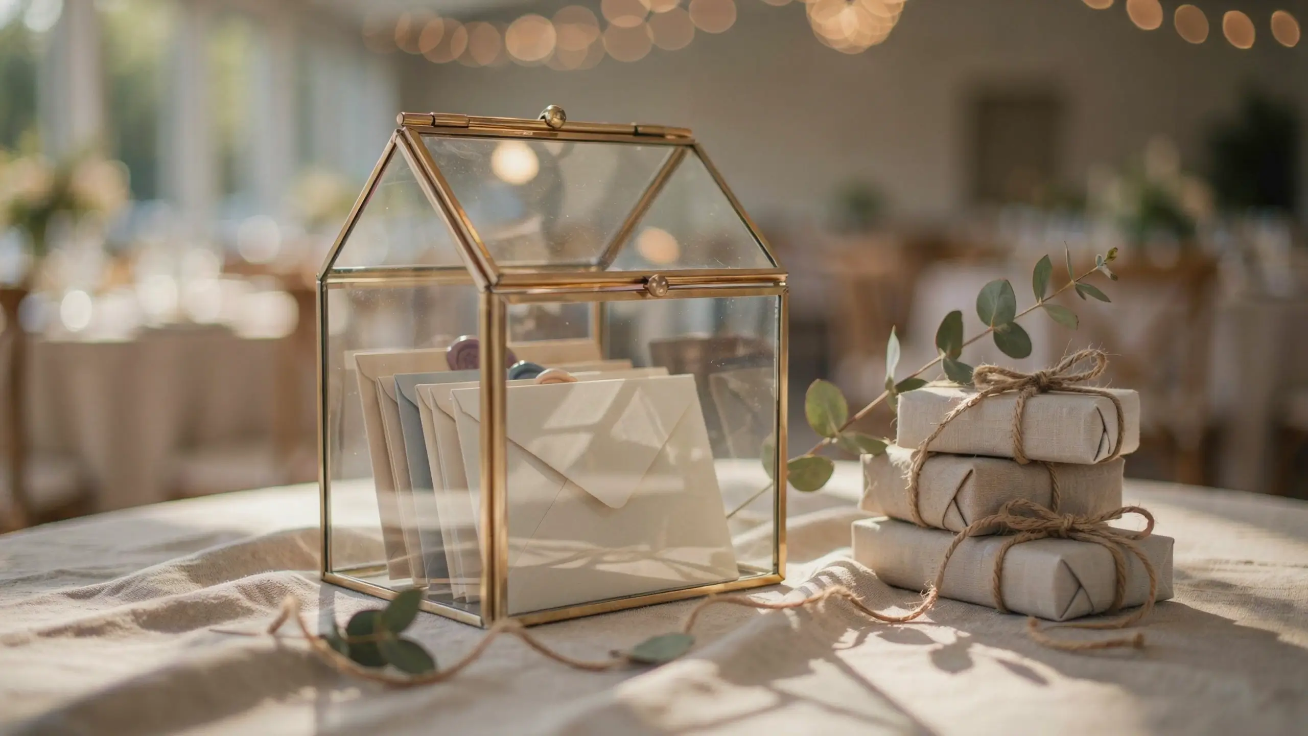 Brass and glass IKEA SOCKER greenhouse used as a rustic wedding card holder and gift box on a reception table.