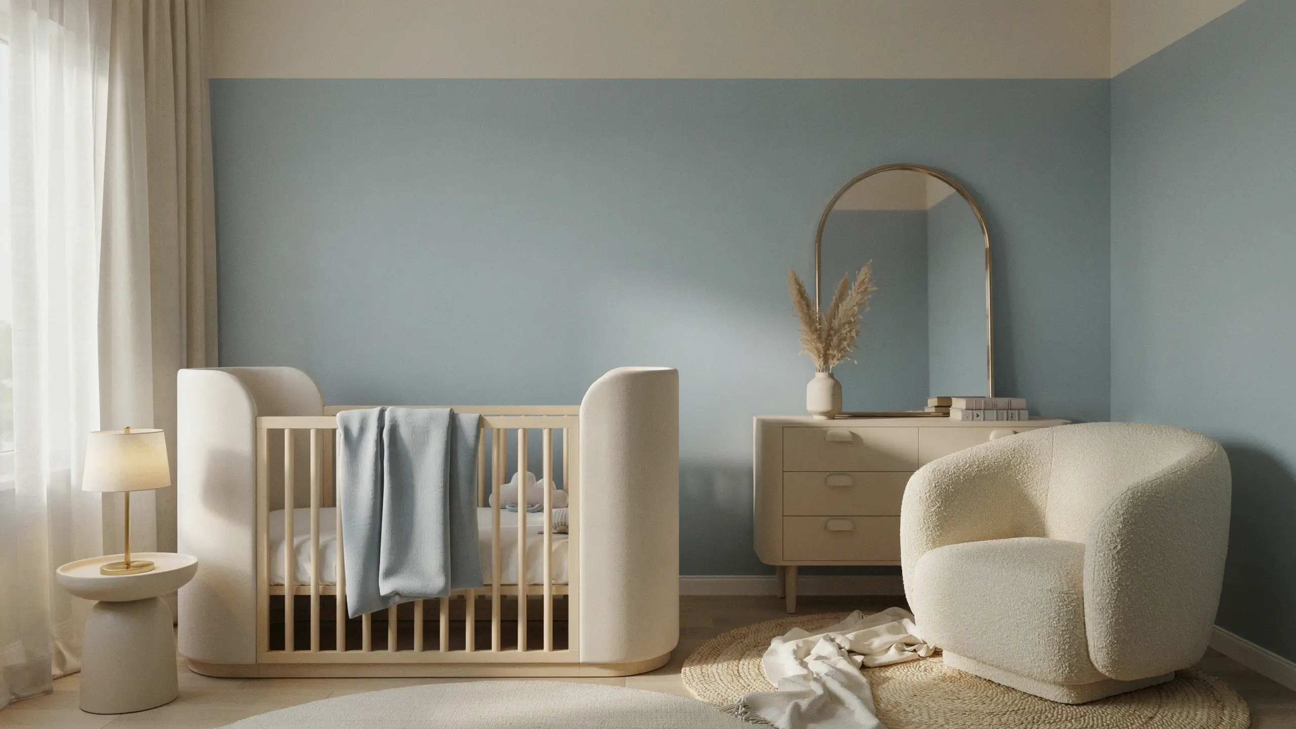 Modern nursery interior featuring a light wood crib with rounded fabric corners and a draped blue blanket, paired with a cream boucle armchair and an arched gold mirror, illustrating soft, curved furniture lines against a dusty blue wall.