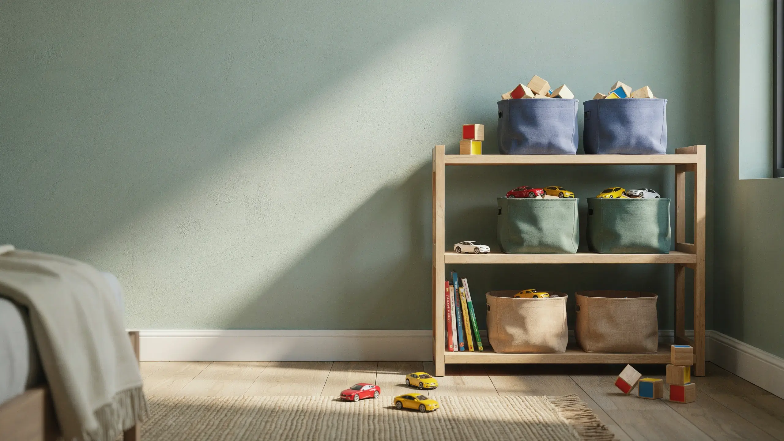 Wooden three-tier shelving unit holding color-coded blue, green, and beige fabric bins for organizing wooden blocks, toy cars, and books by category in a sunny children's playroom.