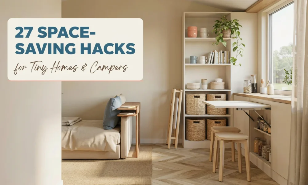 Cozy tiny home interior showcasing space-saving hacks like a fold-down dining table, compact wooden stools, and tall vertical shelving with storage baskets for small space organization.