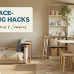 Cozy tiny home interior showcasing space-saving hacks like a fold-down dining table, compact wooden stools, and tall vertical shelving with storage baskets for small space organization.