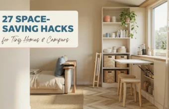 Cozy tiny home interior showcasing space-saving hacks like a fold-down dining table, compact wooden stools, and tall vertical shelving with storage baskets for small space organization.
