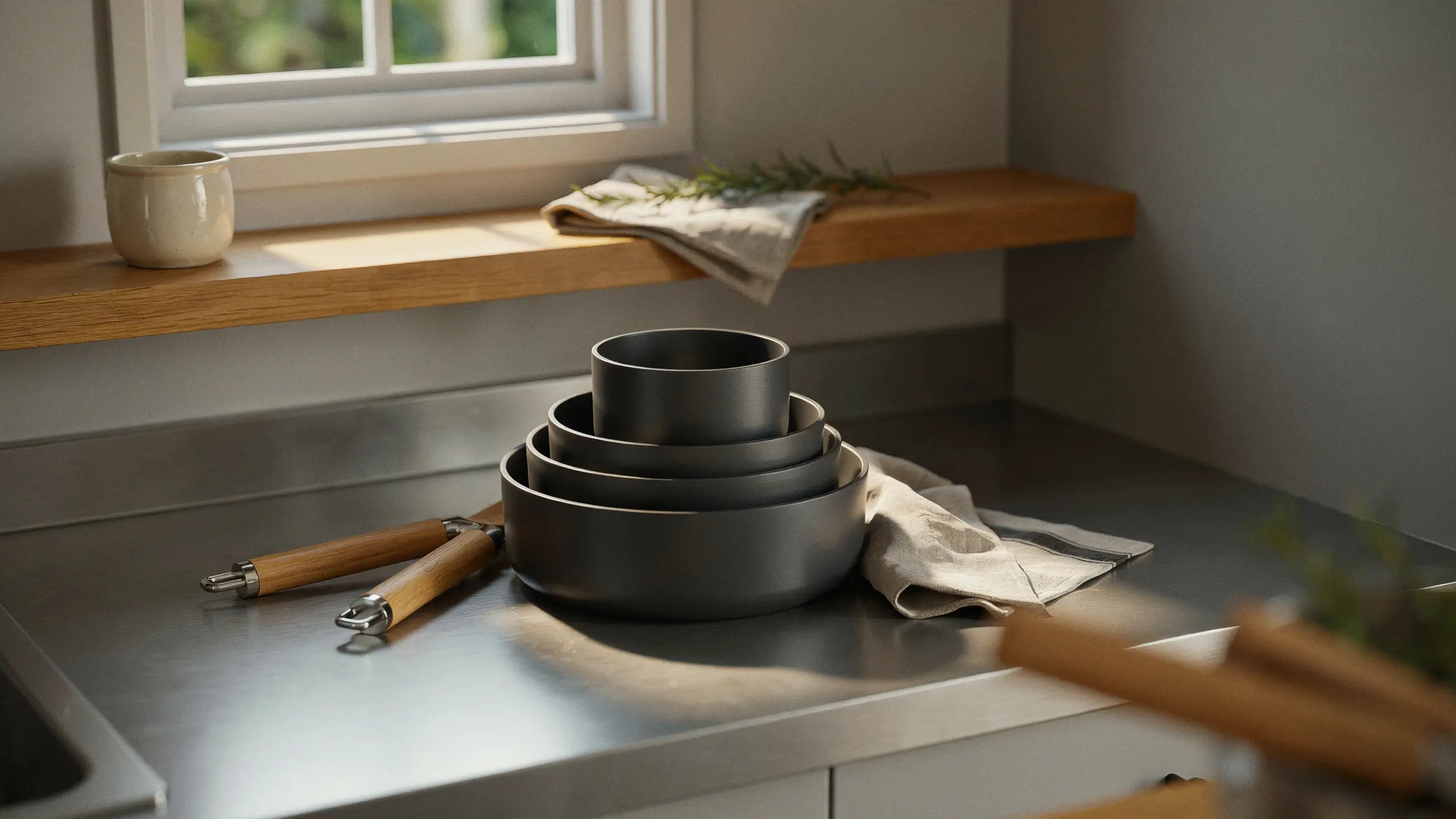 A stack of three matte grey nesting cookware bowls with detachable wooden handles resting on a stainless steel kitchen counter, illuminated by natural window light.