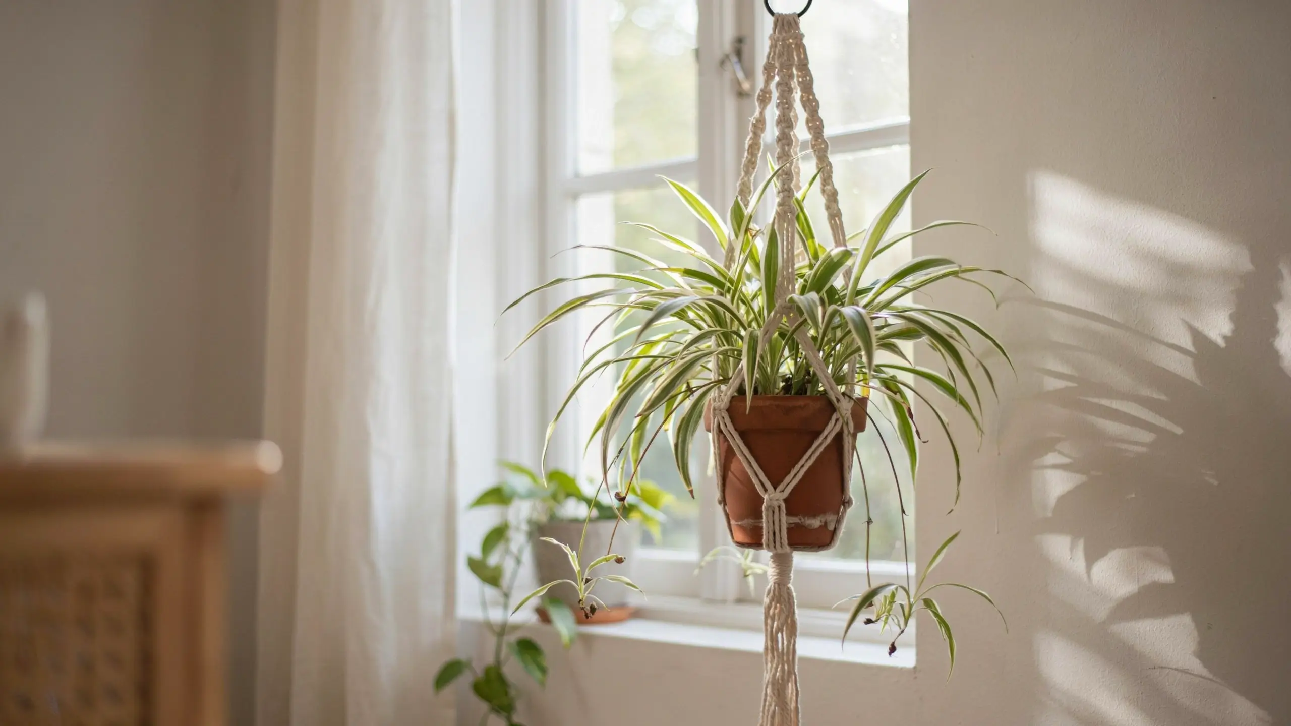Lush hanging spider plant with baby spiderettes in a white macrame hanger and terracotta pot, suspended indoors beside a bright window with soft sunlight casting shadows.