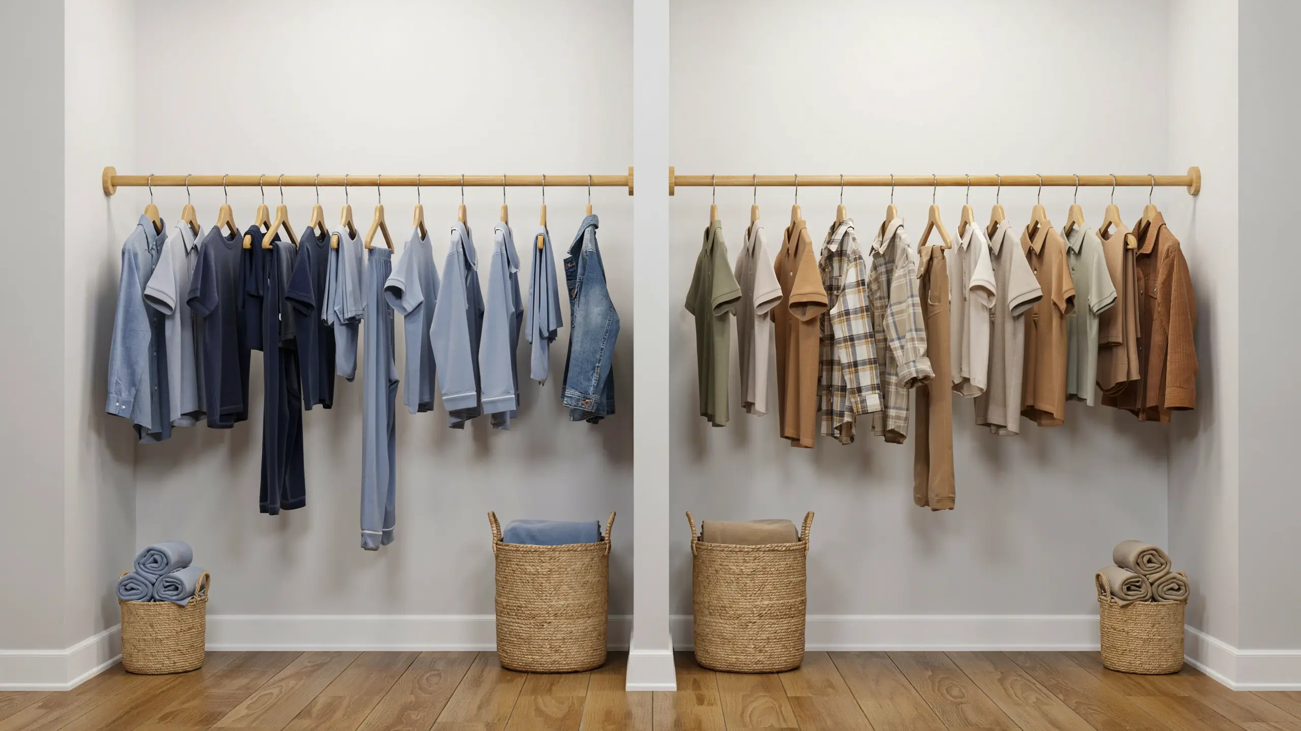Color-blocked split closet organization displaying blue garments on the left and neutral earth tones on the right, organized with matching wooden hangers and floor baskets.