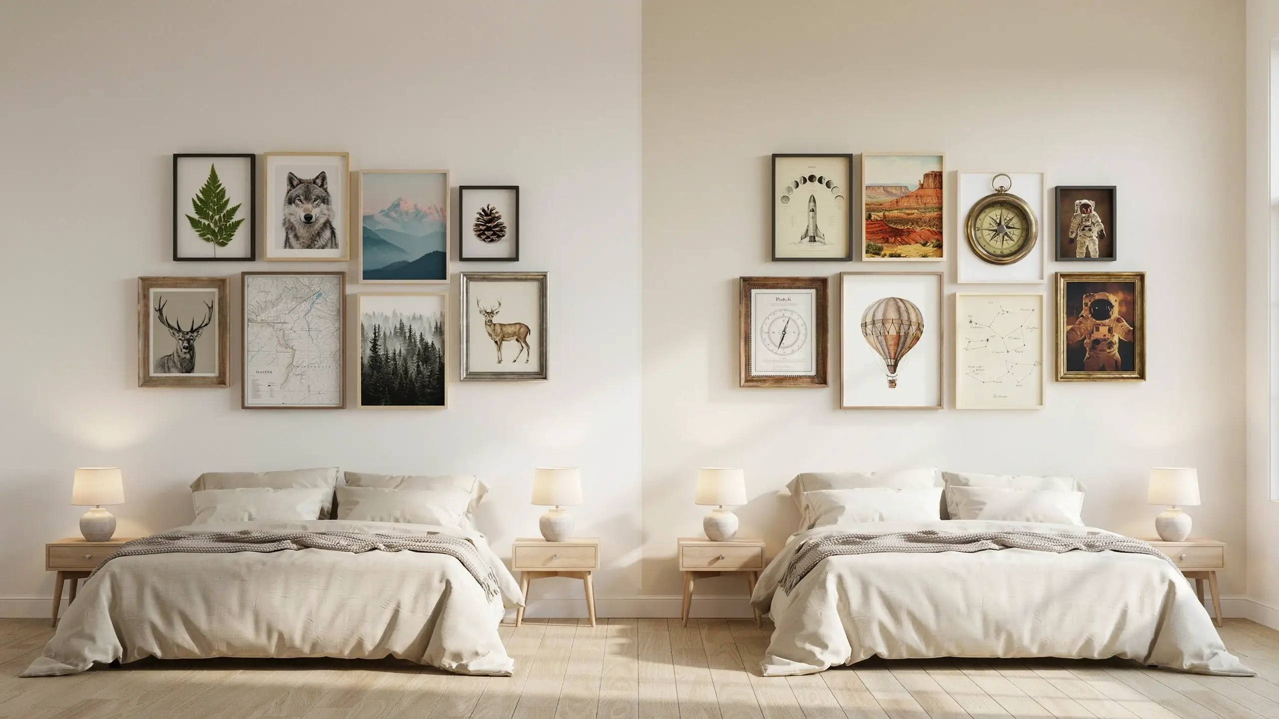 Minimalist bedroom with two beige beds and a symmetrical split gallery wall; the left side displays nature-inspired prints and the right side features space exploration artwork.