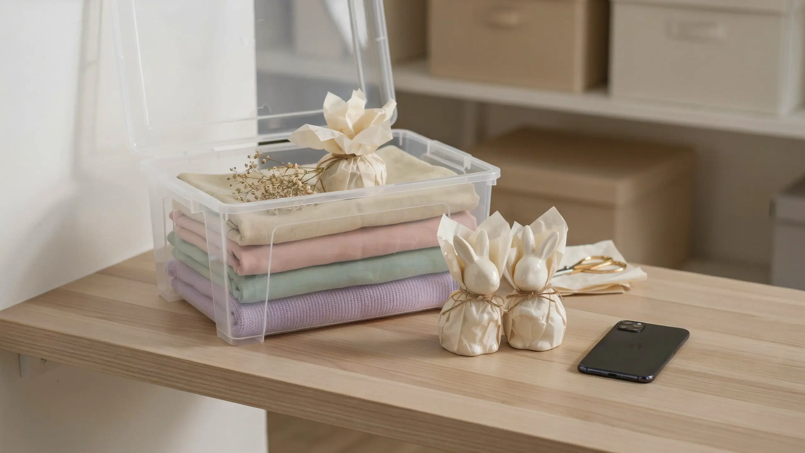 A clear plastic storage bin with folded pastel clothes, dried flowers, and bunny figurines wrapped in paper for organizing spring decor and seasonal items.