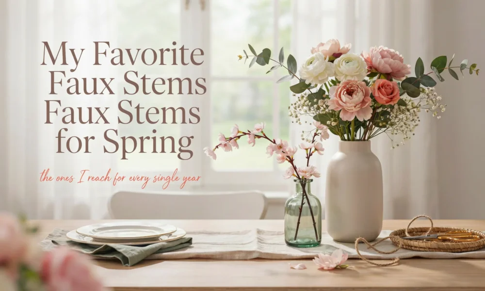 White ceramic vase holding faux pink peonies and cherry blossom stems on a bright wooden dining table with elegant spring place settings.