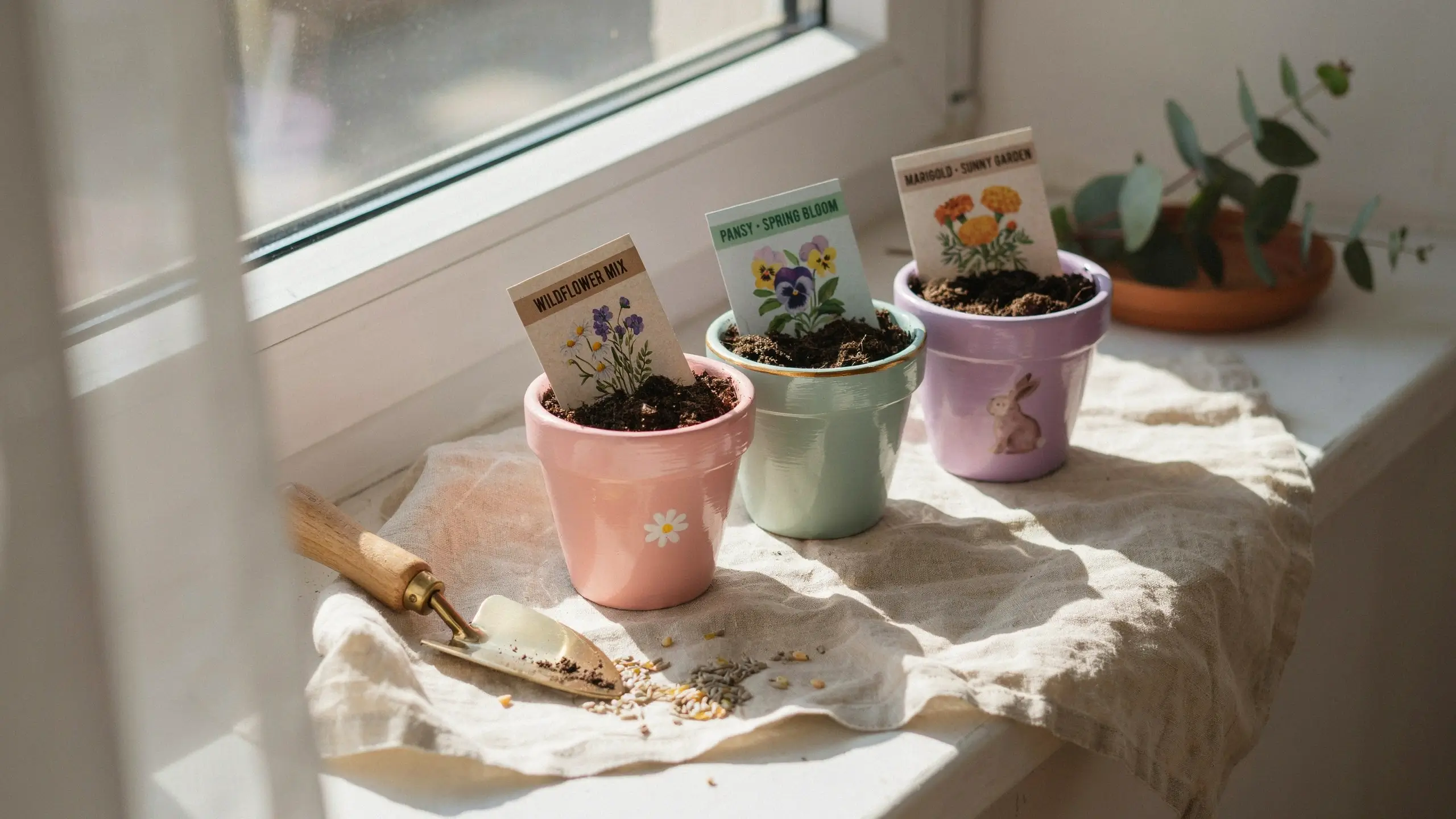 A brightly lit spring gardening scene featuring three painted terra cotta pots filled with soil and seed packets for wildflowers, pansies, and marigolds, set on a sunny windowsill next to a garden trowel for seed starting.