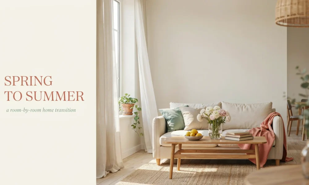 A bright, airy spring-to-summer living room featuring a cream sofa, light wood coffee table with fresh flowers and lemons, and sheer natural curtains for a seasonal home refresh.