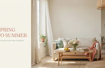 A bright, airy spring-to-summer living room featuring a cream sofa, light wood coffee table with fresh flowers and lemons, and sheer natural curtains for a seasonal home refresh.