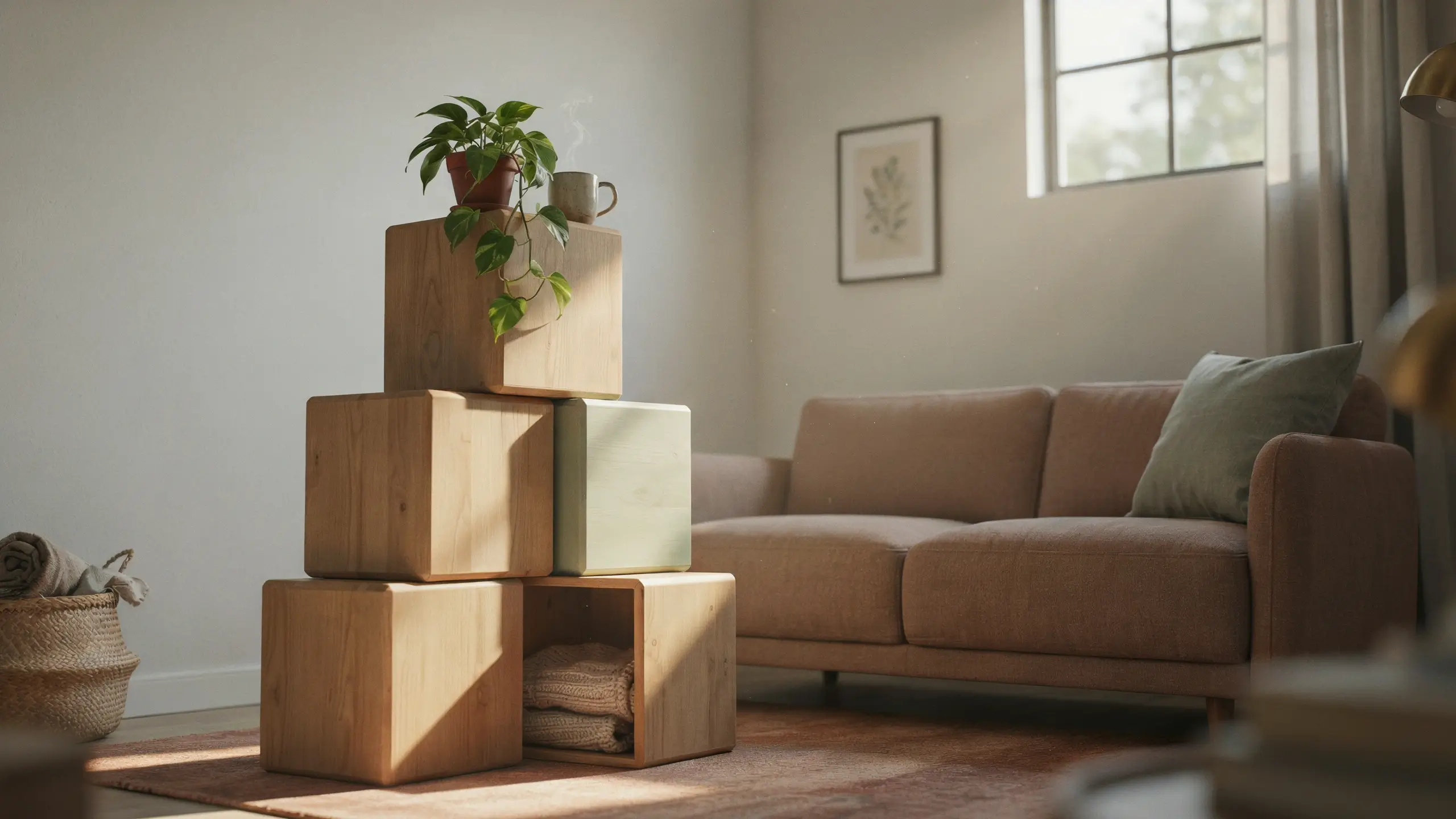 Stack of light wood and sage green modular cubes used as a side table next to a beige sofa, holding a potted pothos plant and a steaming mug, with folded towels stored in the bottom open cube in a sunlit living room.