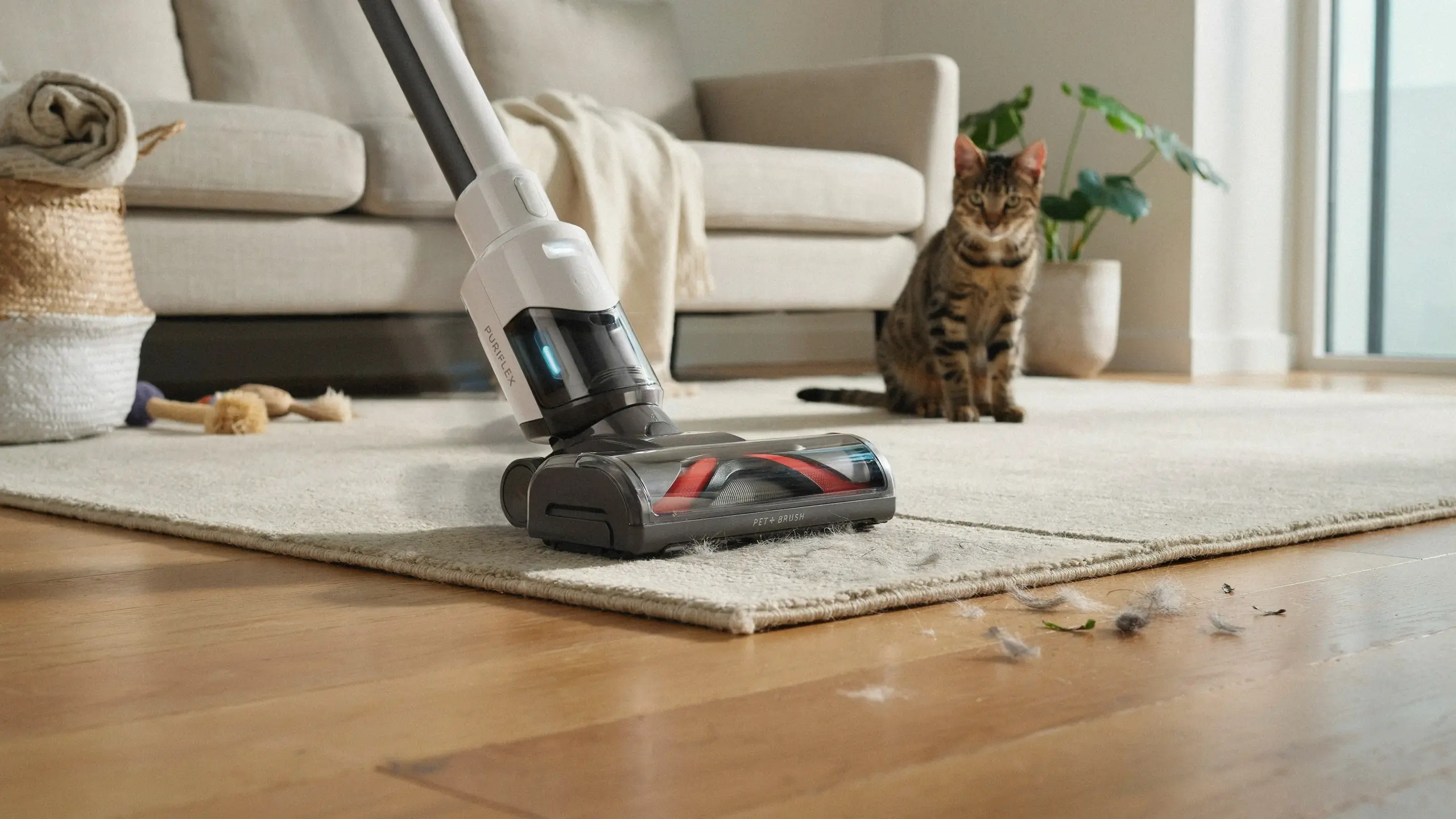White cordless stick vacuum with a specialized red pet brush attachment cleaning loose fur from a white area rug on a hardwood floor, with a tabby cat sitting in the bright living room background.