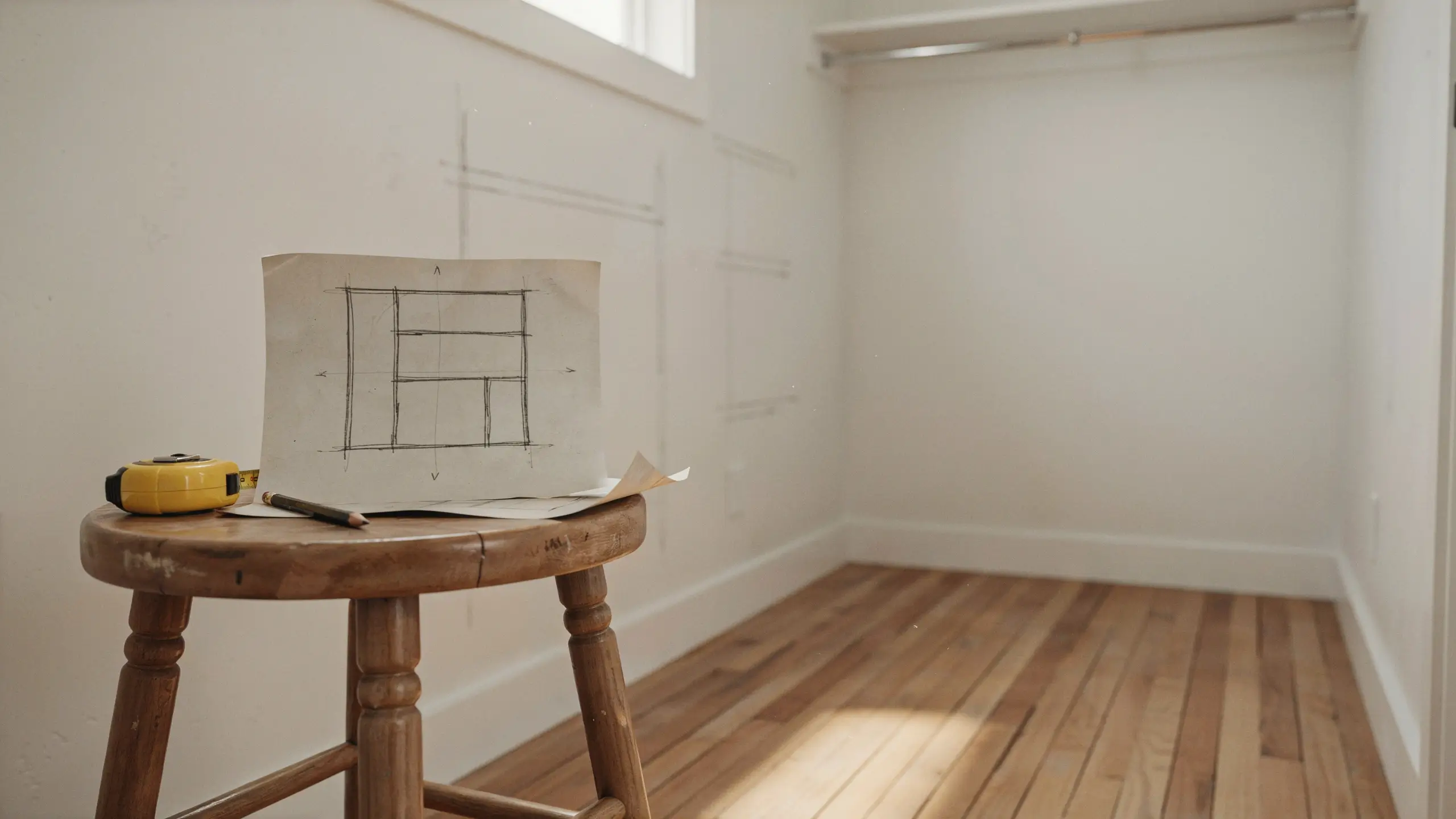 A wooden stool with a yellow tape measure, pencil, and hand-drawn shelving plan stands in a bright, empty room with wooden floors and faint pencil layout marks on the white walls.