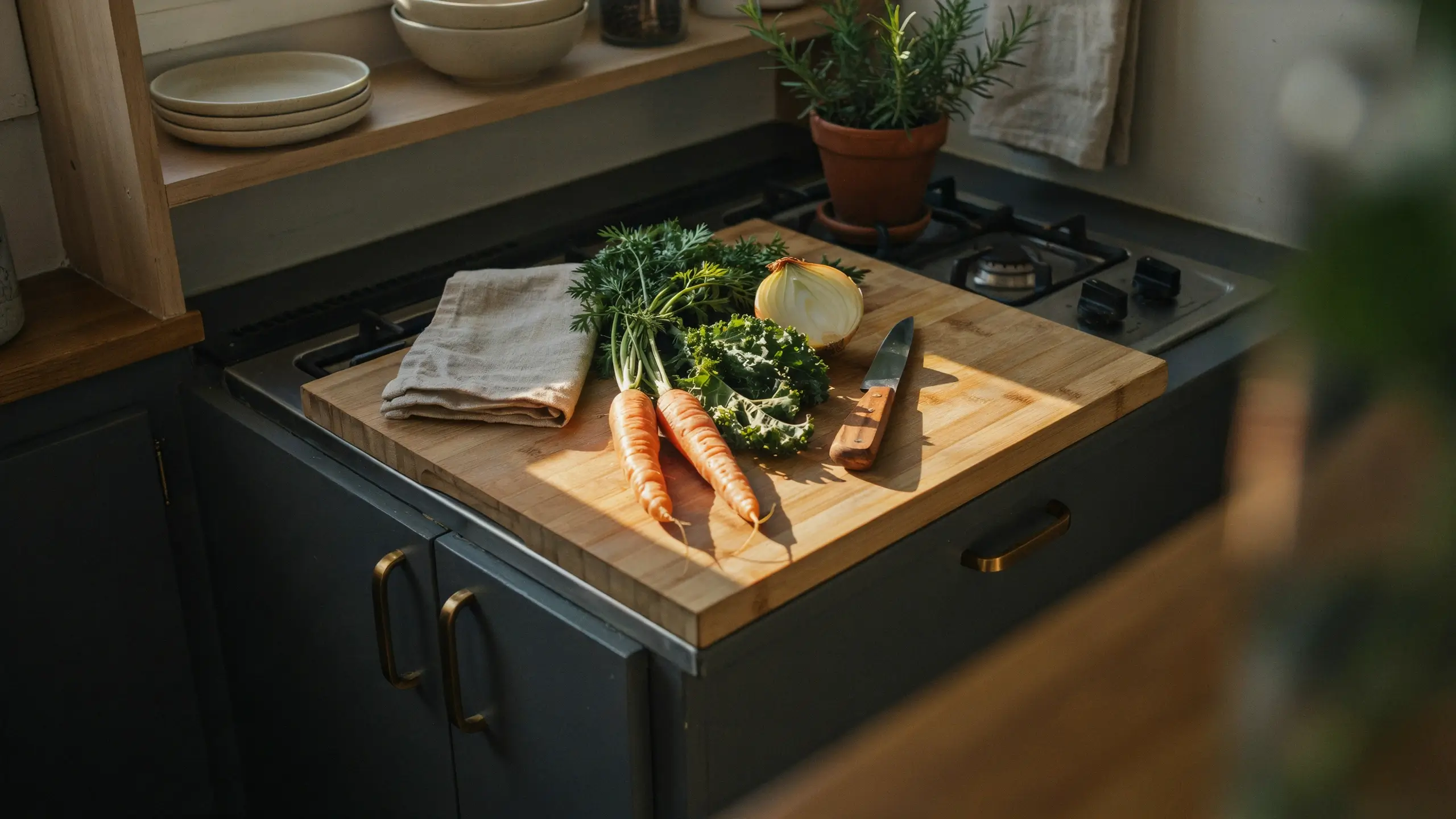 Large wooden cutting board placed over a gas stovetop to create extra counter space, displaying fresh carrots, kale, and a half onion ready for cooking.