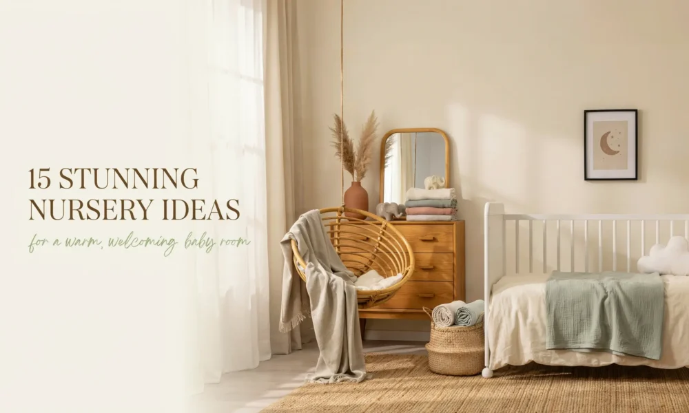 Warm, neutral boho nursery decor featuring a white crib with a cloud pillow, a hanging rattan chair draped in a beige throw, a wooden dresser with pampas grass, and soft sunlight filtering through sheer white curtains.