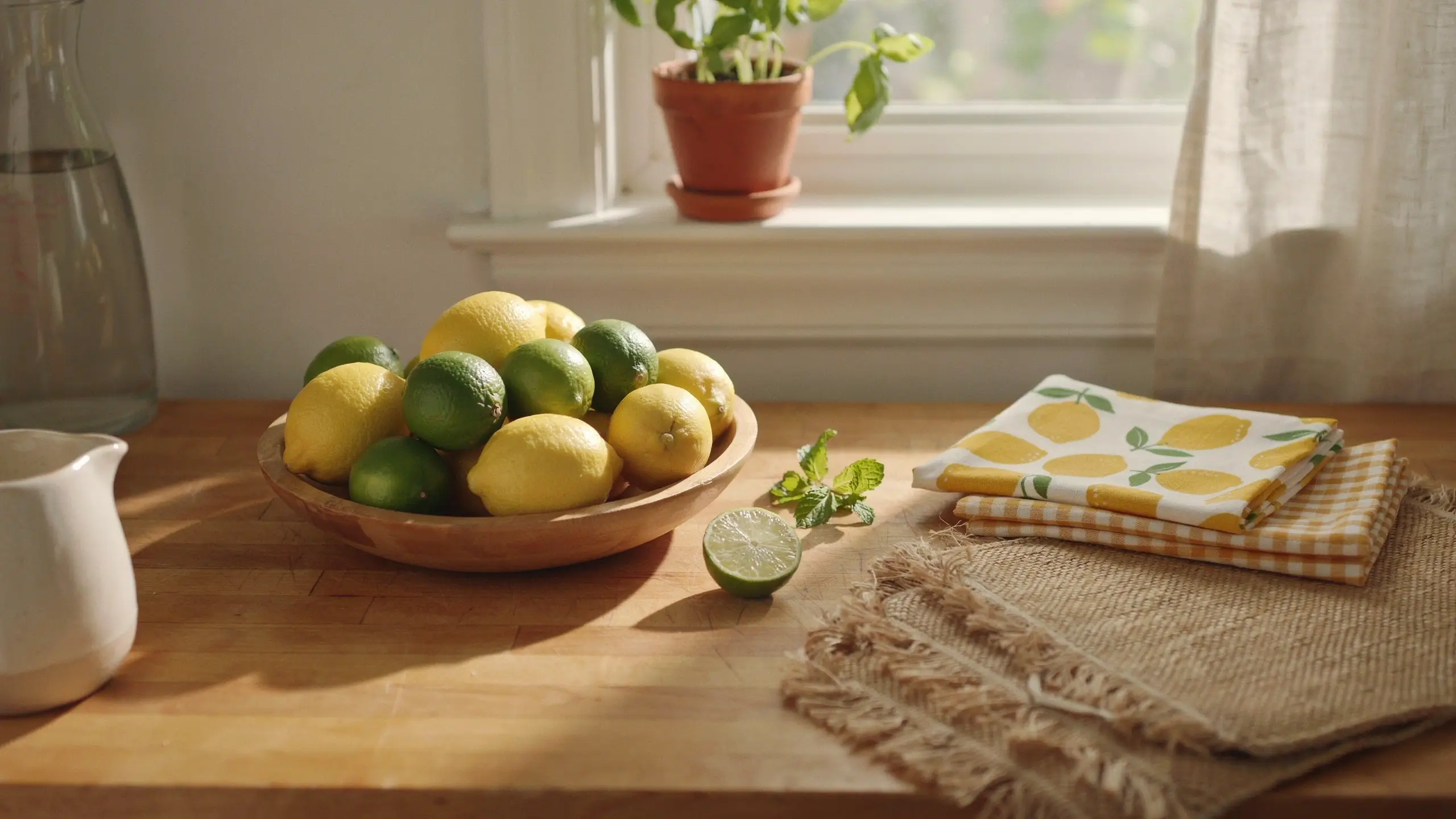 A bright, sunlit kitchen counter styled for summer, featuring a rustic wooden bowl brimming with fresh yellow lemons and green limes, a halved lime with mint leaves, and a white ceramic pitcher, creating a vibrant, refreshing, and seasonal atmosphere.