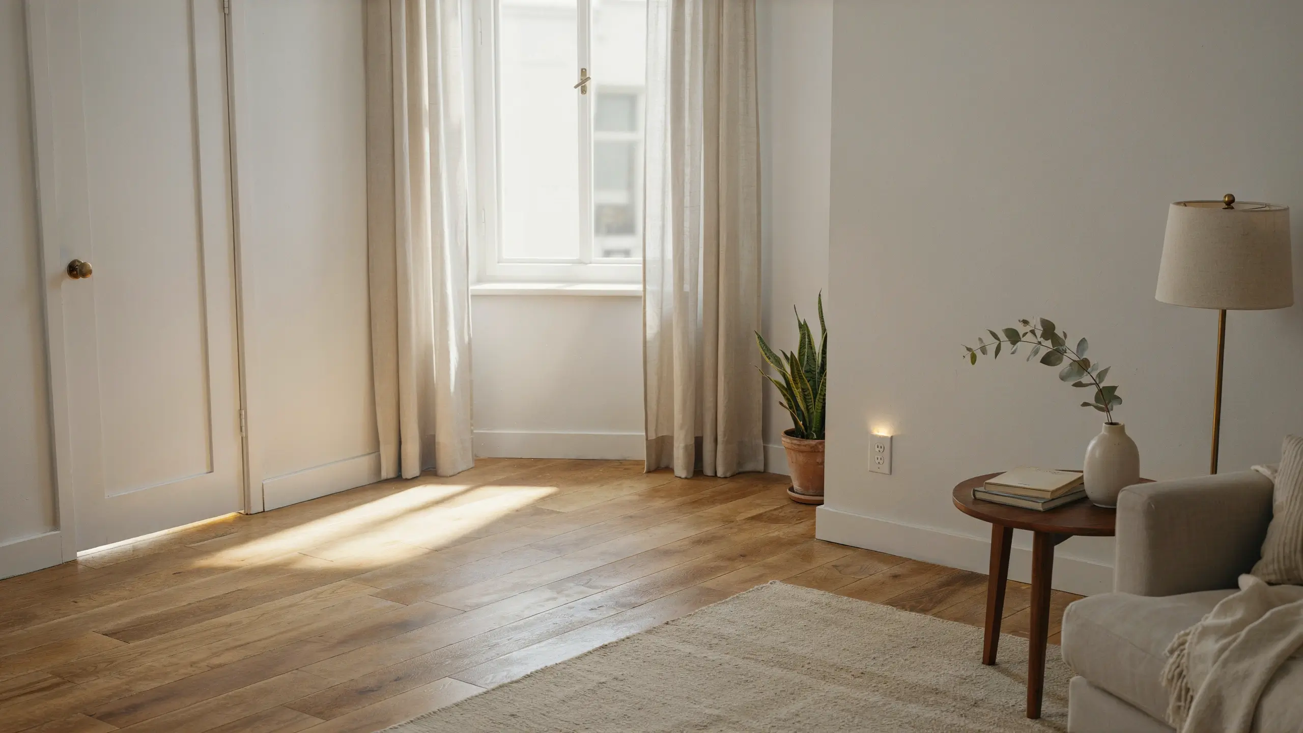 Bright minimalist living room with sunbeam on hardwood floor highlighting potential noise entry points like the window, door frame, and electrical outlet during a home acoustic audit.