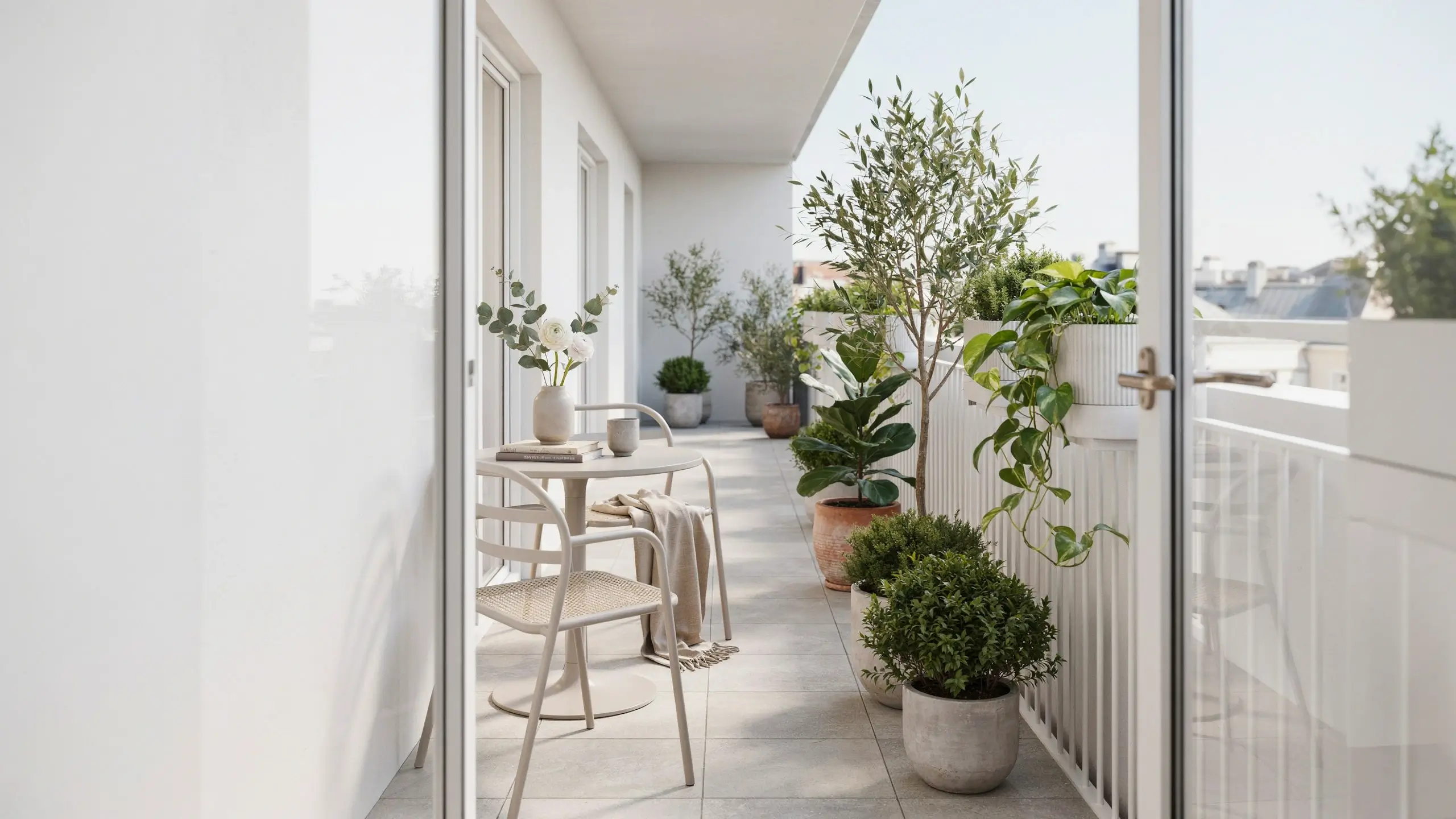A chic white minimalist balcony with a round pedestal table and woven chair, featuring a white floral arrangement and a soft throw blanket, surrounded by potted plants including a tall olive tree and lush trailing pothos against a sunny outdoor background.