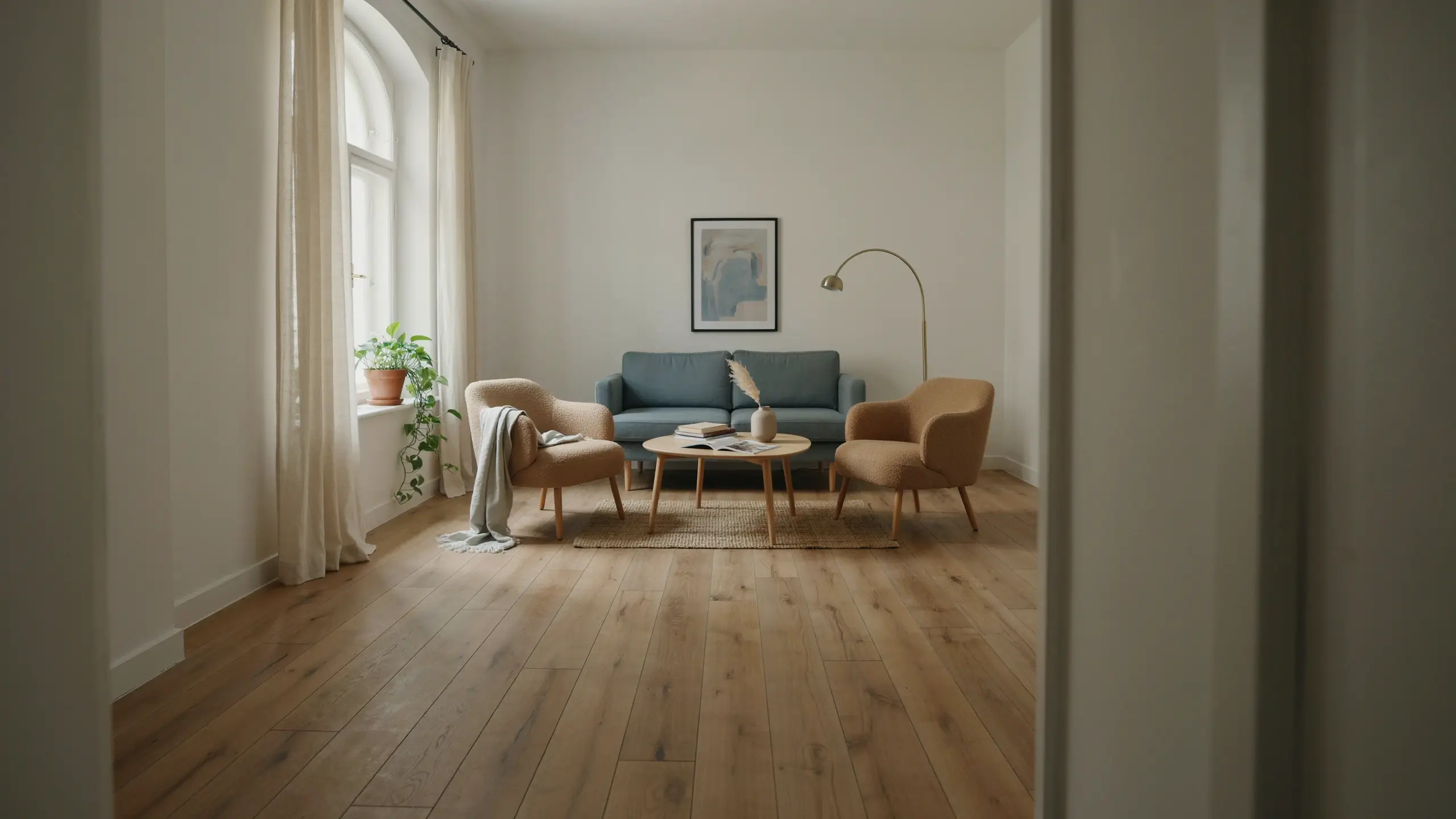 Minimalist living room demonstrating the swap from a bulky sofa to a lower-profile blue loveseat, paired with curved tan armchairs and a round wooden coffee table to maximize open floor space and natural light.