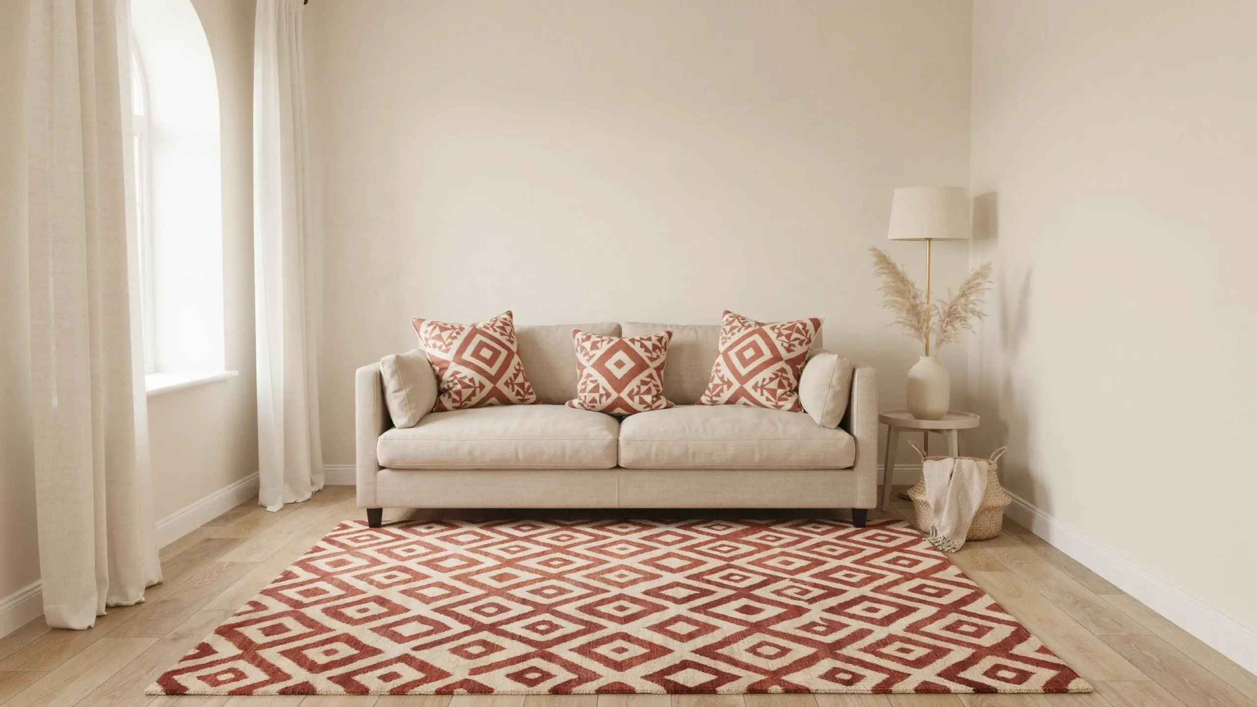 A bright minimalist living room with an ivory beige sofa, styled with three terracotta and cream diamond-patterned throw pillows, resting on a matching large geometric area rug set on light hardwood floors, next to a floor lamp with dried pampas grass and a white arch window.