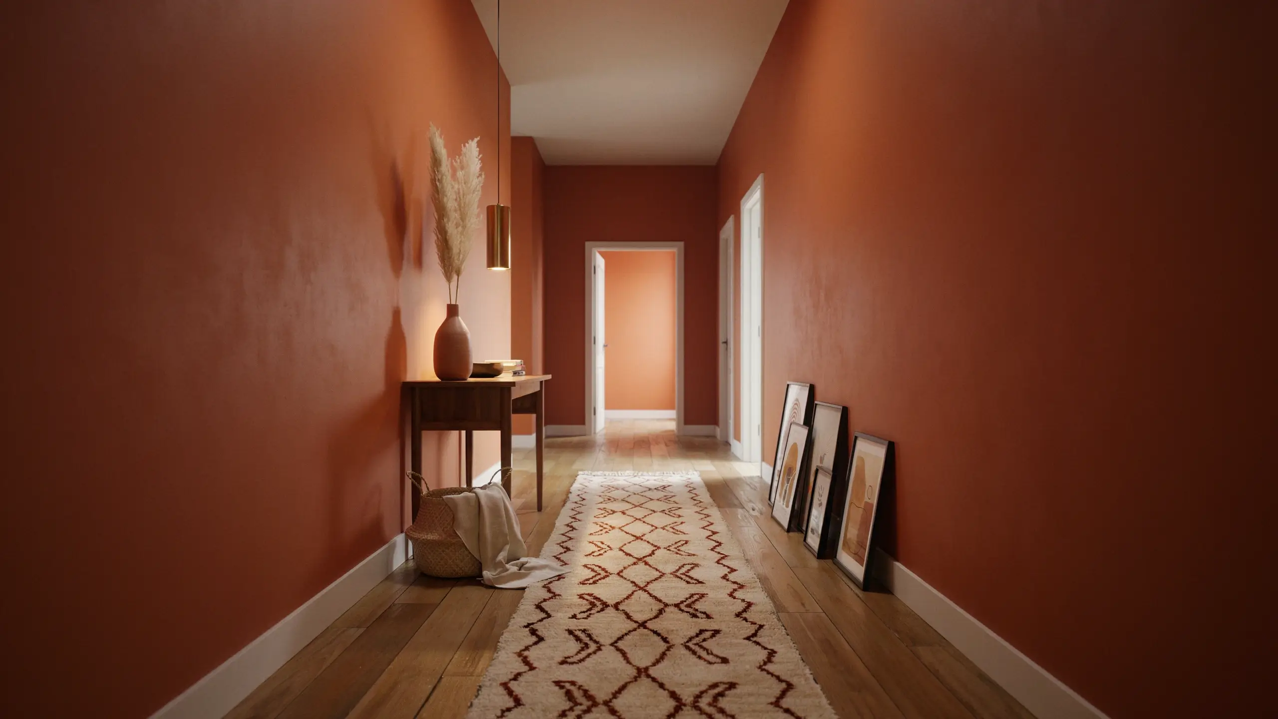 A warm terracotta-painted hallway styled with a wooden console table and pampas grass, a gold pendant light, a geometric runner rug, and leaning framed artwork to create a bold interior color moment.
