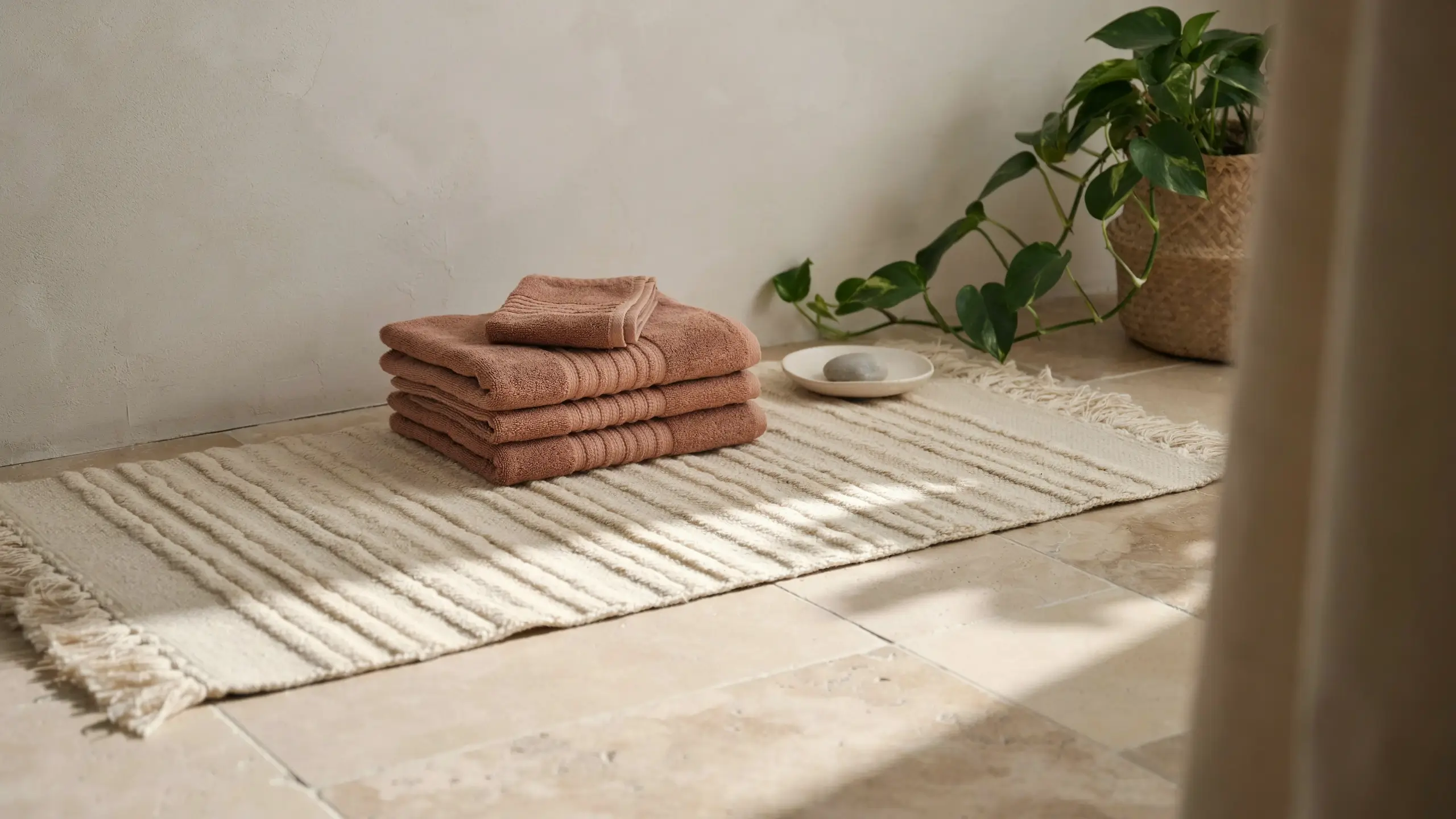 Stack of rust-colored terracotta towels on a textured striped rug with a trailing potted plant in natural light.