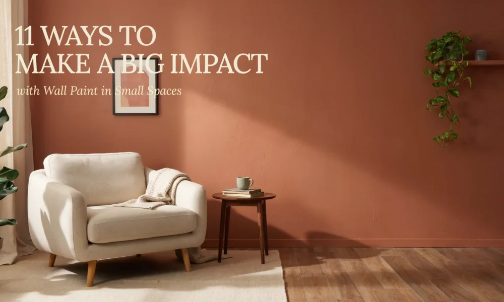 A cream beige armchair with a textured throw blanket sits in a cozy small living room featuring a warm terracotta wall paint. A minimalist wooden side table holds a sage green mug and a stack of books, surrounded by lush indoor trailing plants and warm natural light.