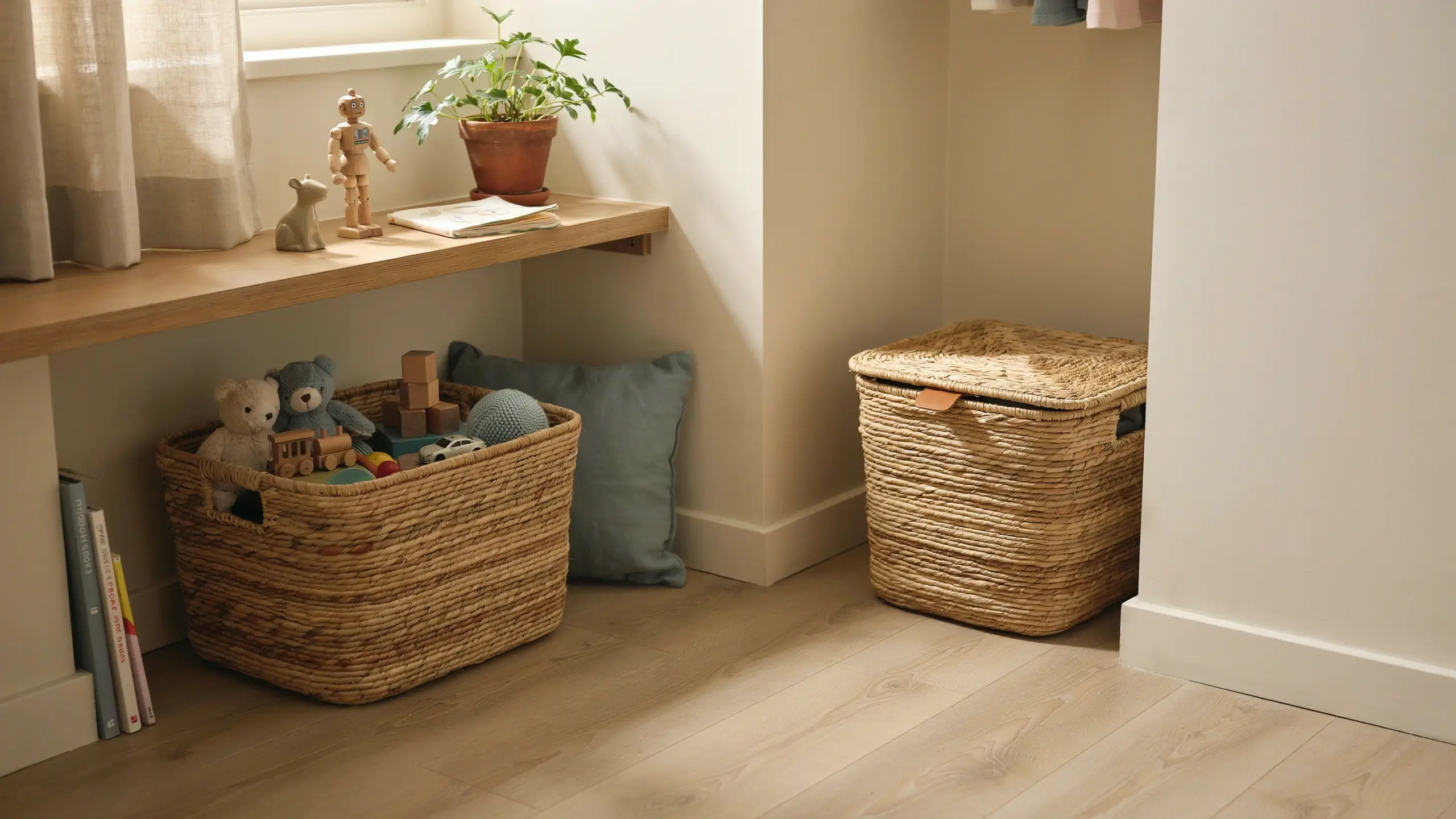 A small room toy rotation storage solution featuring woven seagrass baskets filled with stuffed bears and wooden blocks under a light wood shelf, effectively organizing children's toys in a tight space.