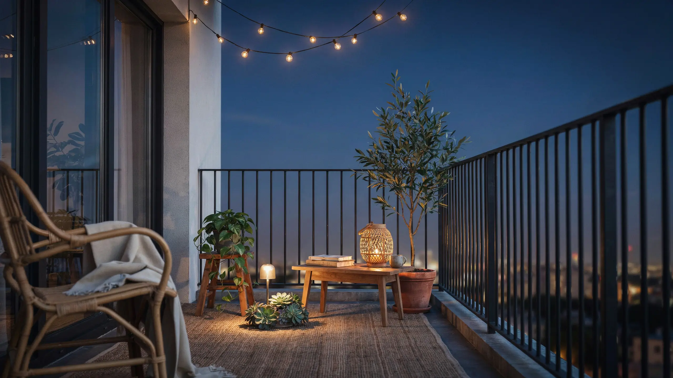 Cozy modern balcony at twilight featuring a layered lighting plan with warm string lights, a glowing woven rattan lantern, a portable floor lamp, and a potted olive tree.