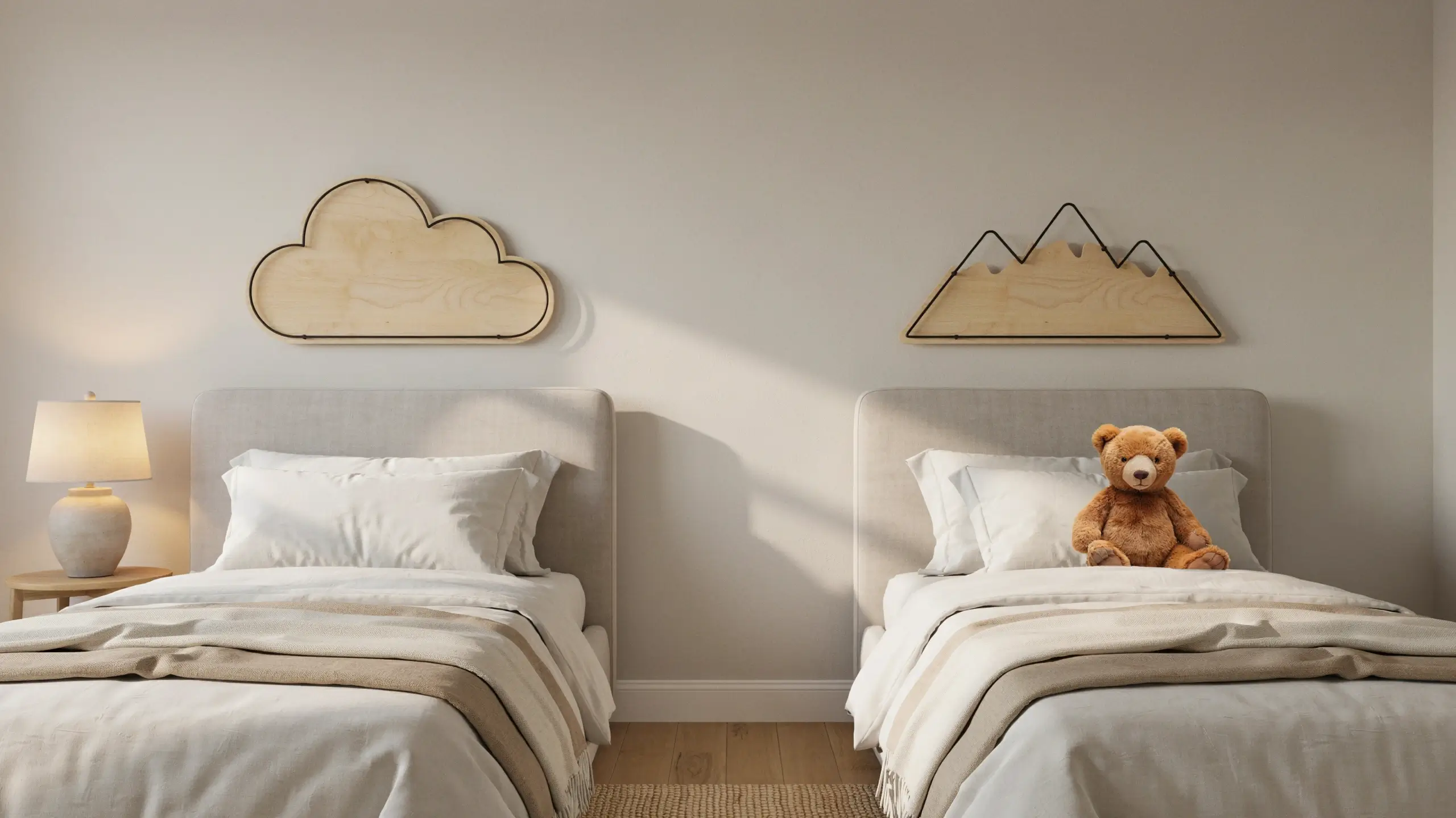 Minimalist twin beds with light grey headboards and neutral bedding, featuring cloud and mountain wooden wall decor and a teddy bear, demonstrating the ideal placement for personalized name signs above each bed.