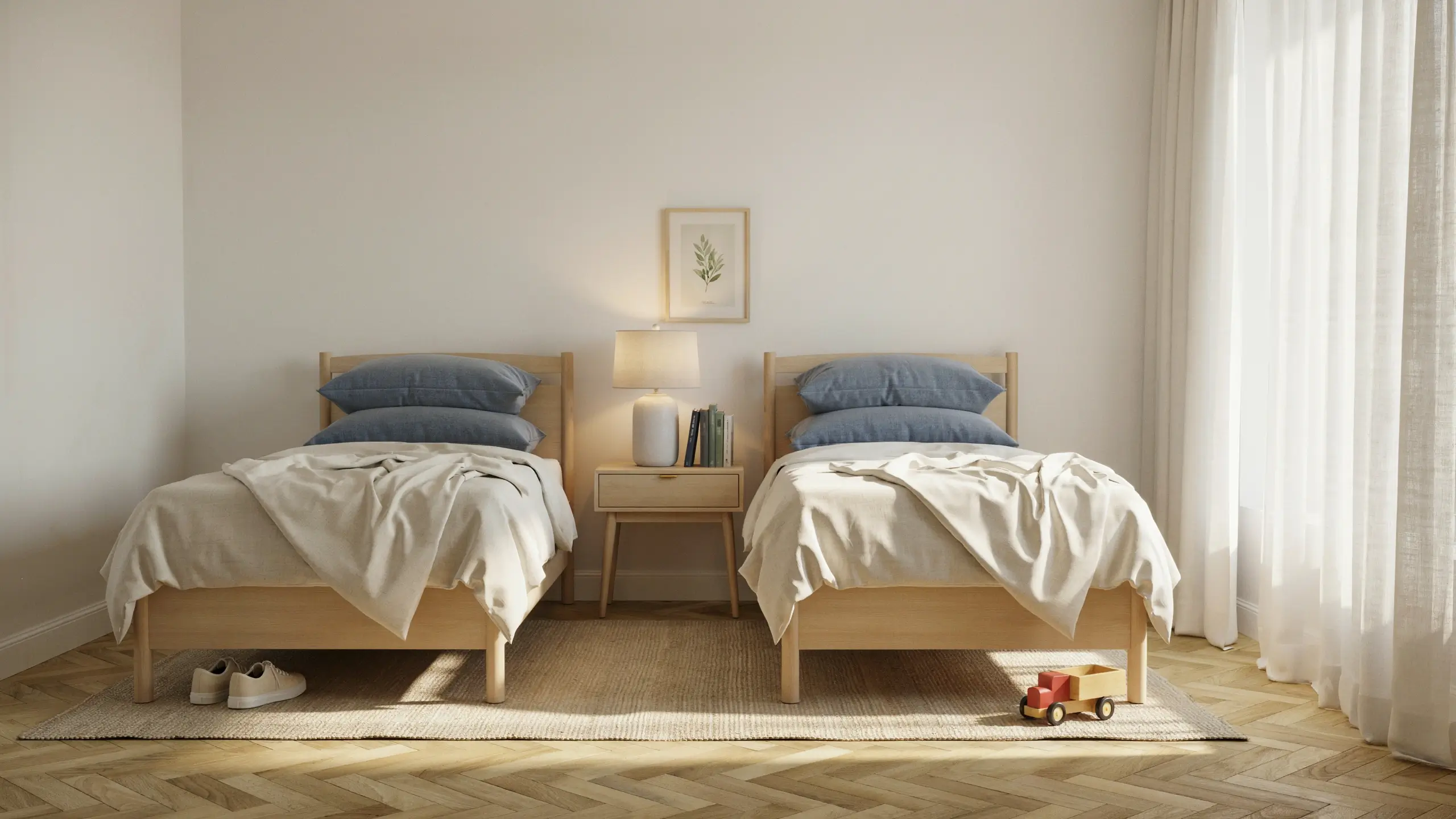 Two wooden twin beds with blue pillows and white linens positioned side-by-side in a minimalist bedroom, separated by a shared wooden nightstand with a white ceramic lamp, illuminated by bright natural sunlight from a nearby window.