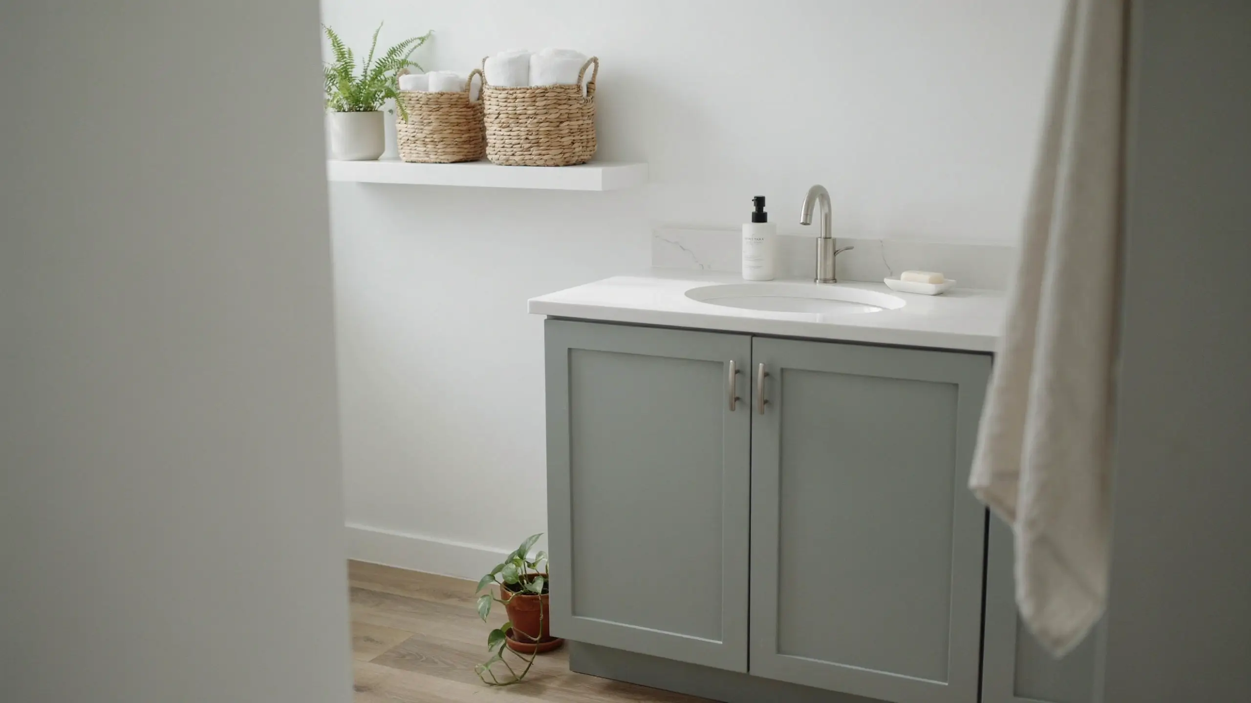 Two-tone bathroom vanity with a white quartz countertop and grey painted lower cabinets, sink, and floating shelf.