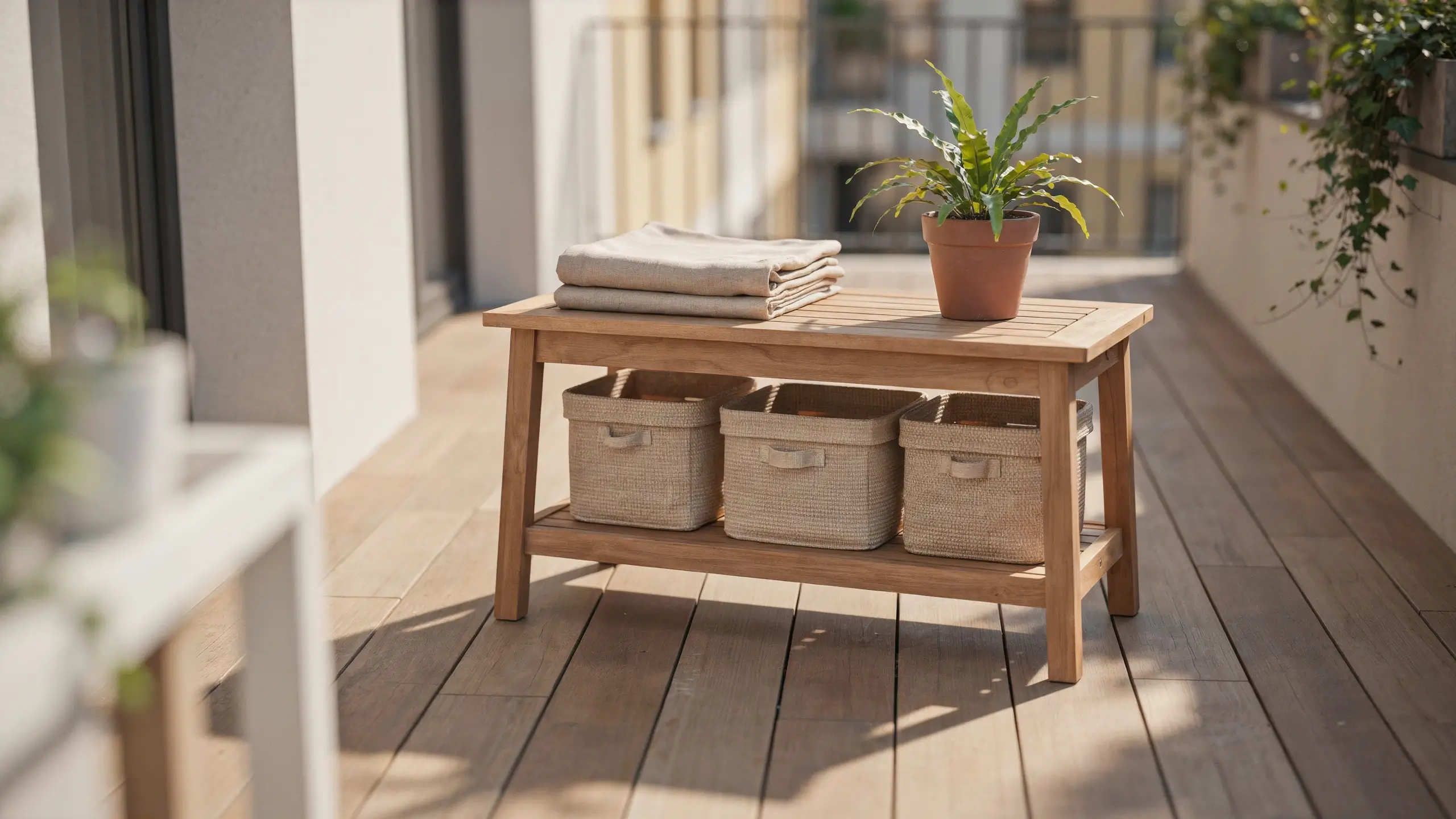 Light wood balcony bench with folded beige linens, a terracotta potted plant, and three woven under-bench storage bins.