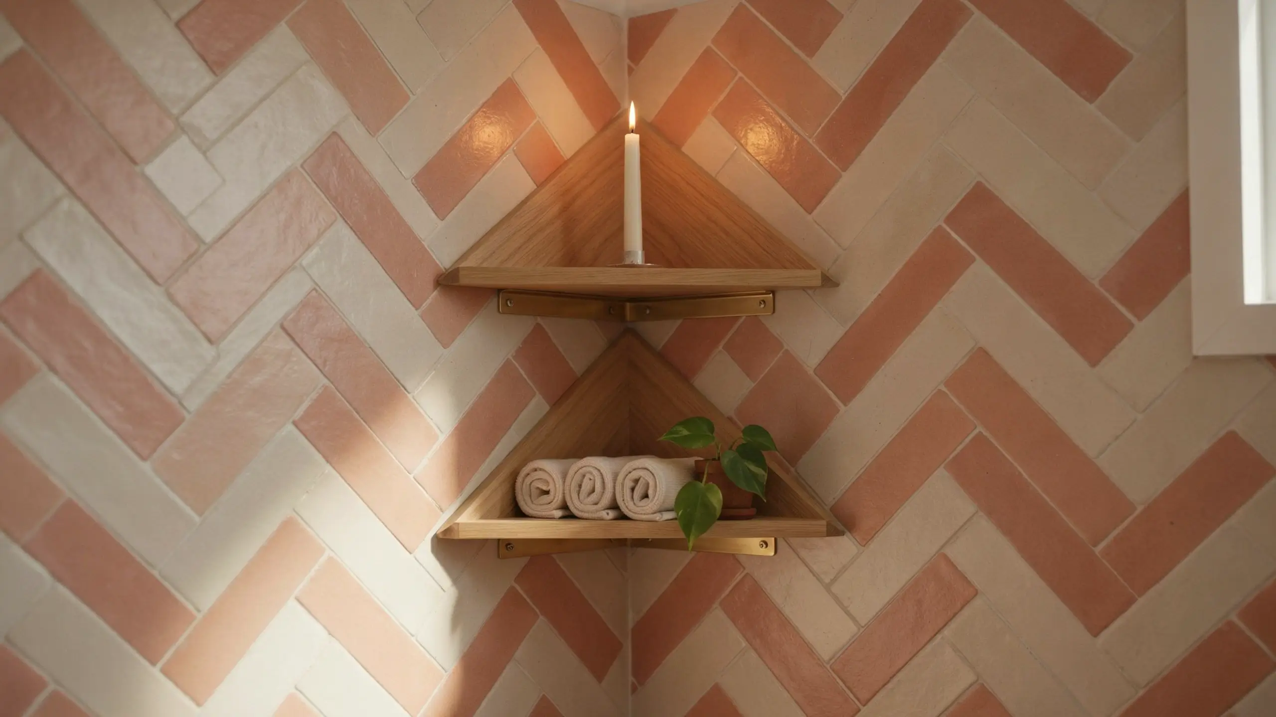 A two-tier wooden bathroom corner shelf mounted on peach and cream herringbone tiles, displaying rolled towels, a small potted plant, and a lit candle to efficiently use the corner's vertical dead space.
