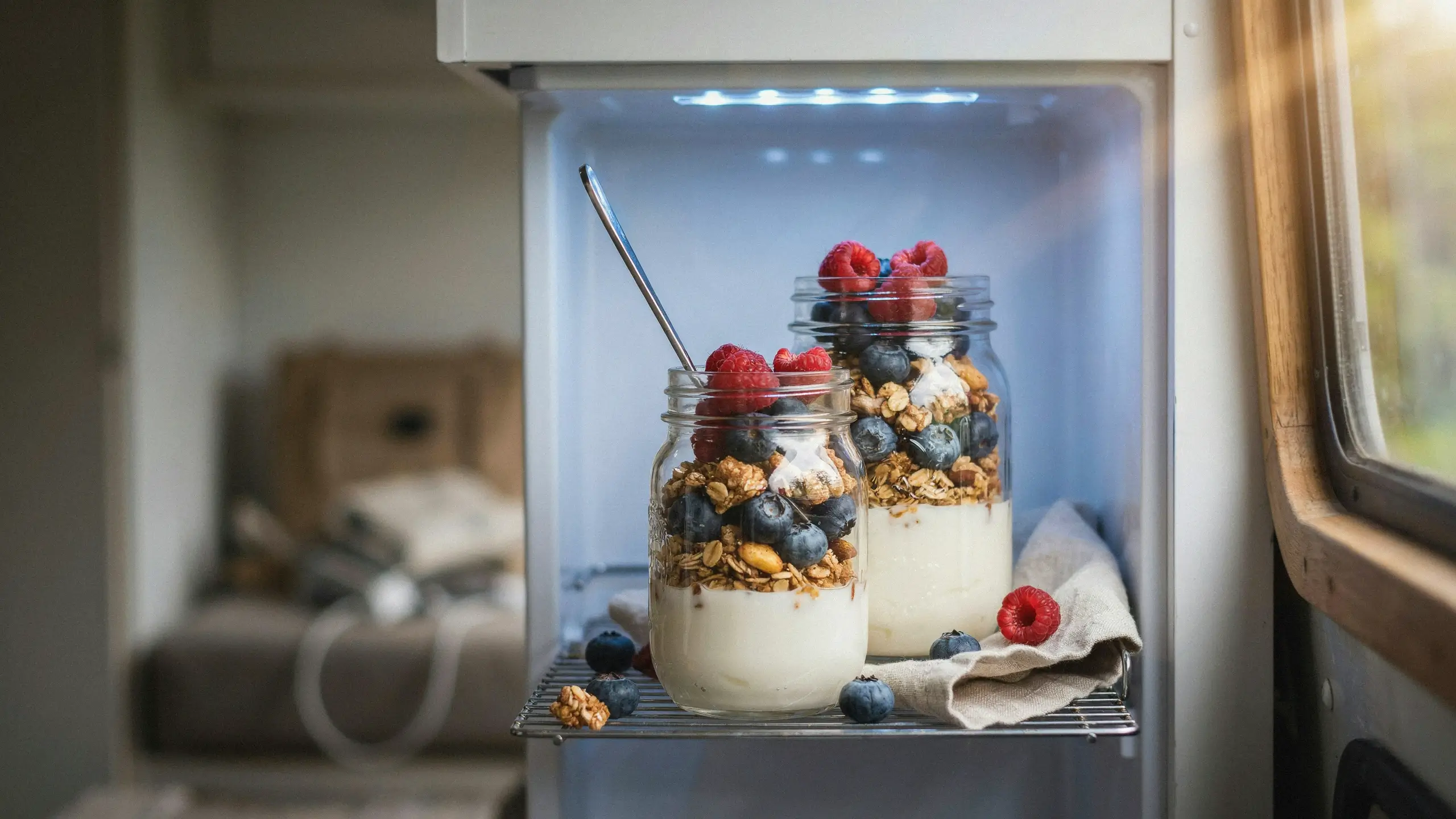 Two glass jars of Greek yogurt and granola parfait topped with fresh raspberries and blueberries resting on a wire fridge shelf inside a camper van, with a metal spoon and scattered berries on a linen cloth nearby.